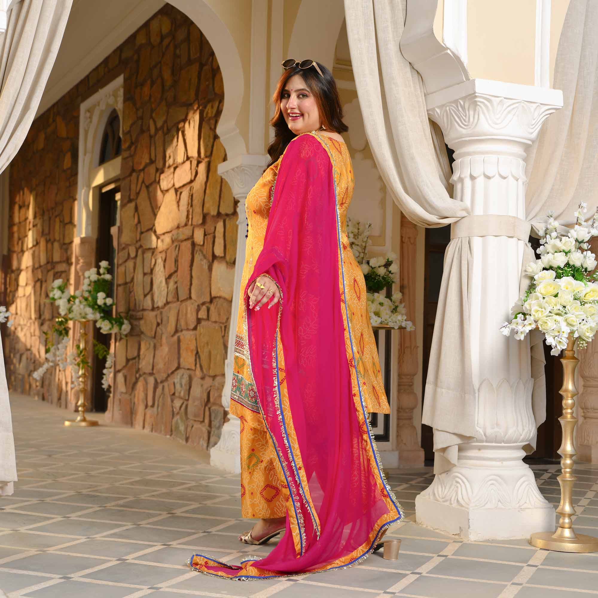 Chokho - Mustard Yellow Fusion Bandhani Pure Crepe Farshi Salwar Set
