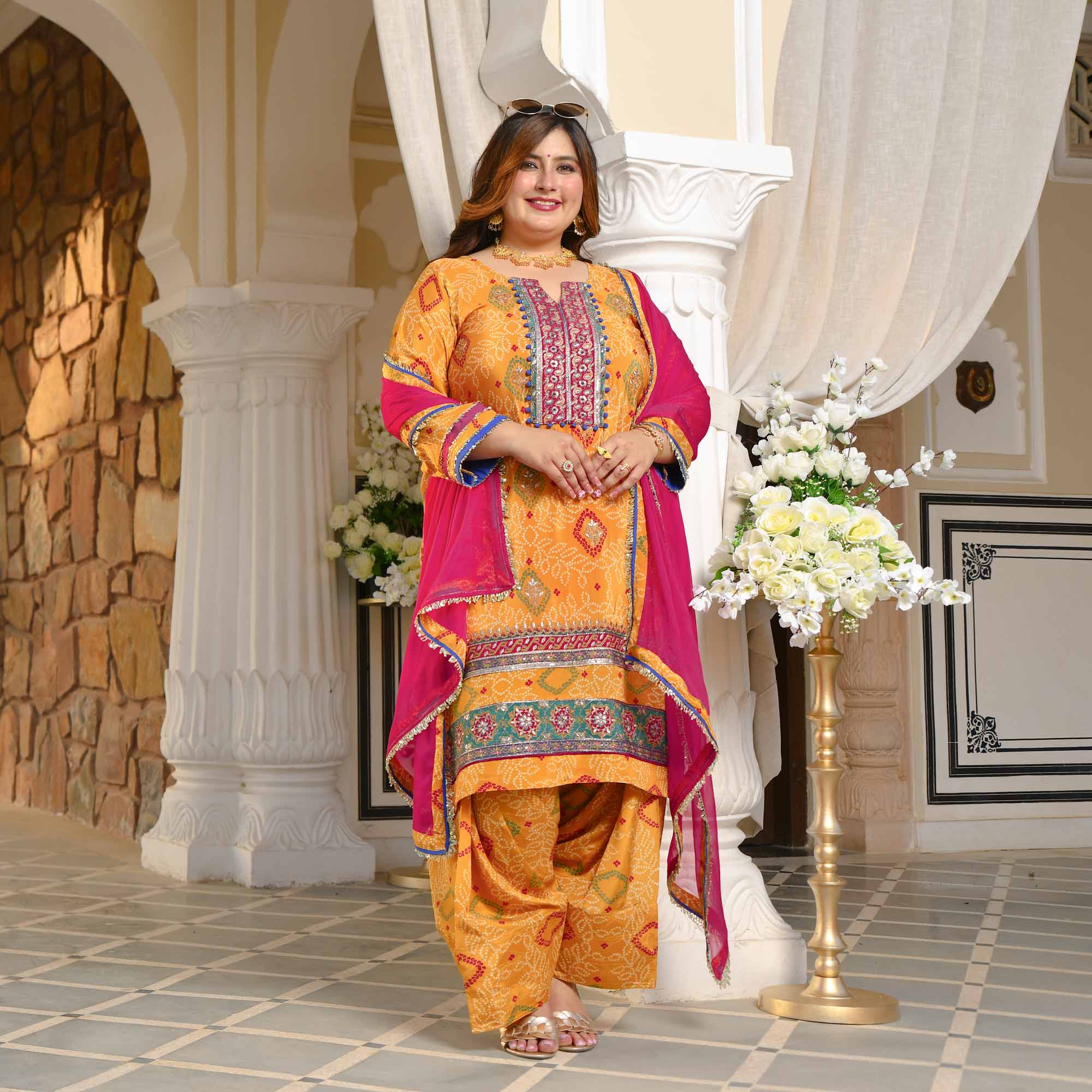 Chokho - Mustard Yellow Fusion Bandhani Pure Crepe Farshi Salwar Set