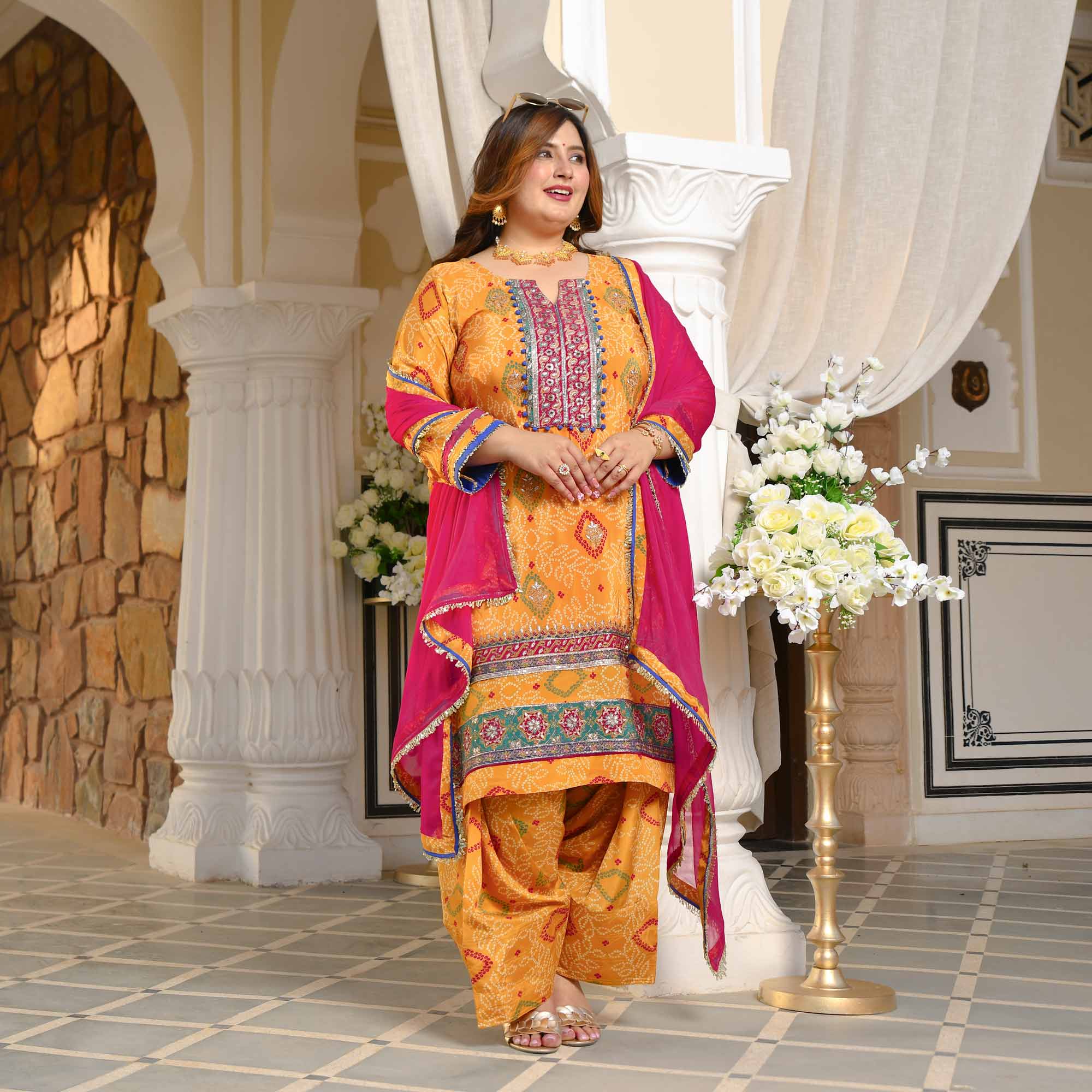 Chokho - Mustard Yellow Fusion Bandhani Pure Crepe Farshi Salwar Set