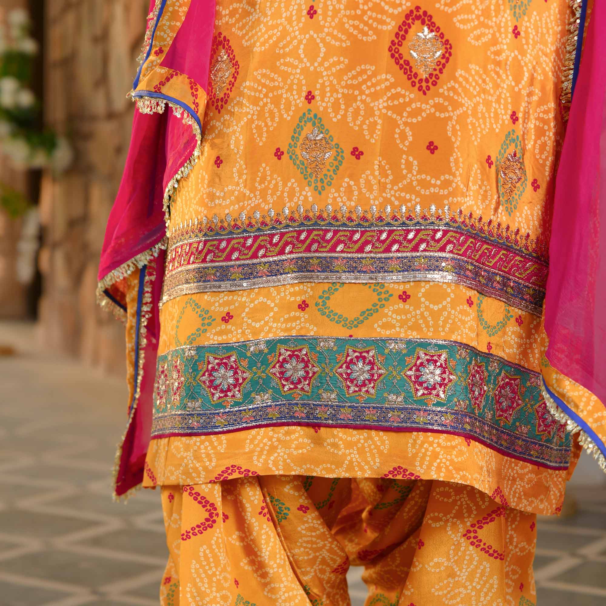 Chokho - Mustard Yellow Fusion Bandhani Pure Crepe Farshi Salwar Set