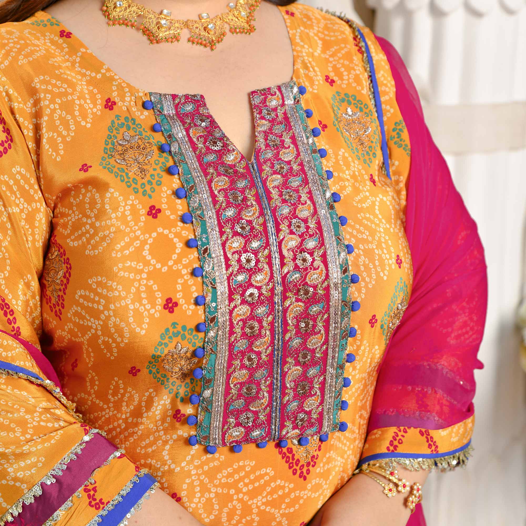 Chokho - Mustard Yellow Fusion Bandhani Pure Crepe Farshi Salwar Set