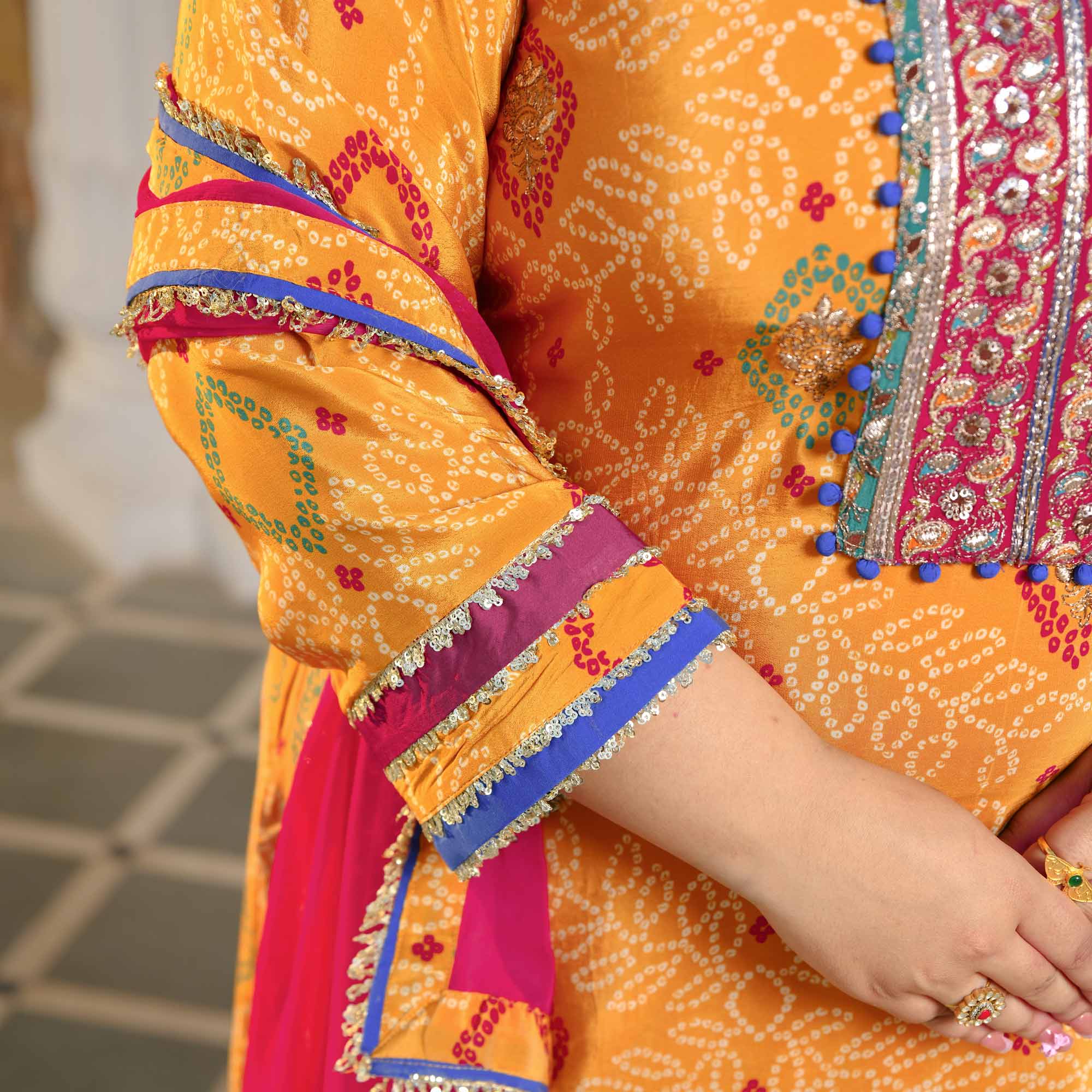 Chokho - Mustard Yellow Fusion Bandhani Pure Crepe Farshi Salwar Set