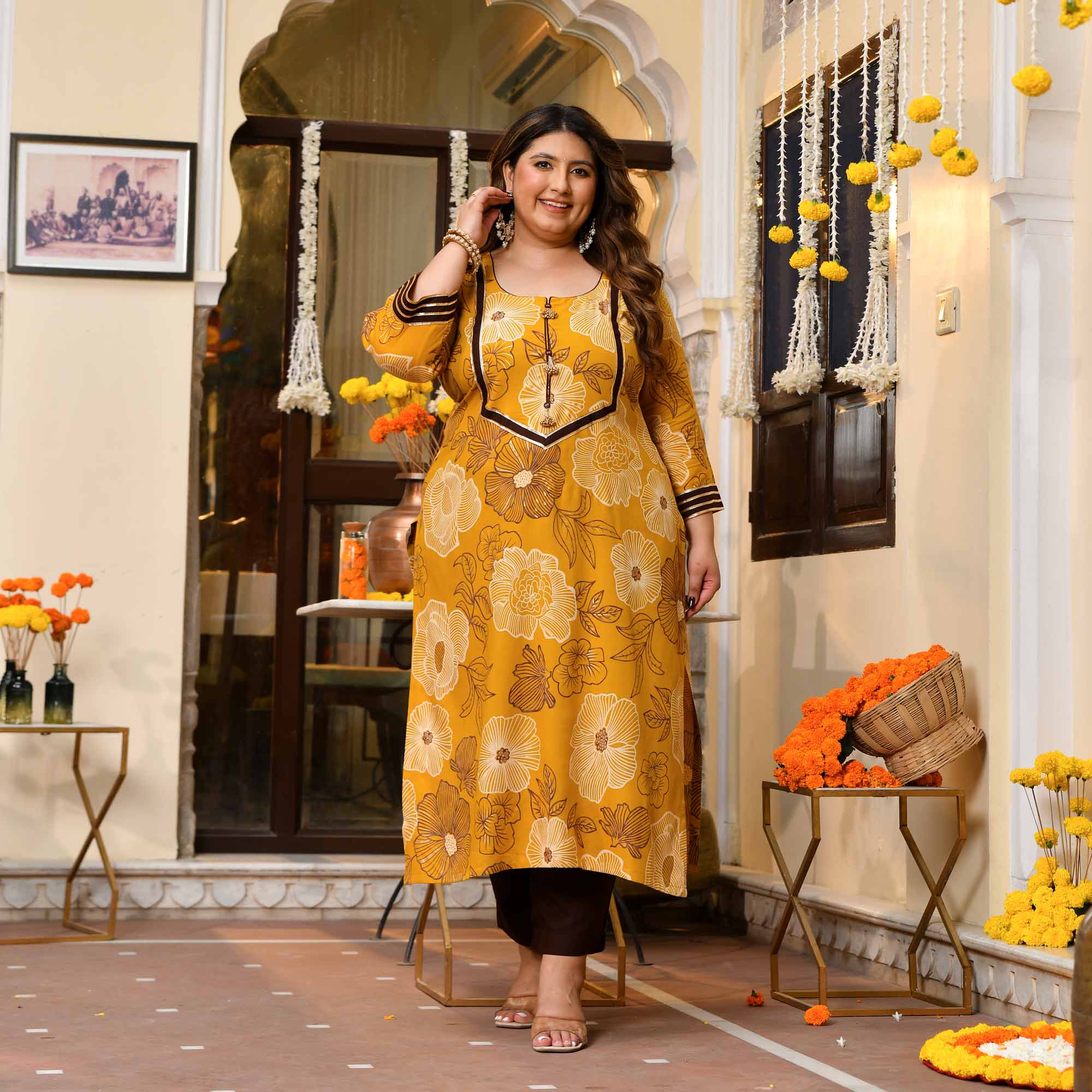 Dhoop- Yellow & Gold Floral Print Rayon Kurta