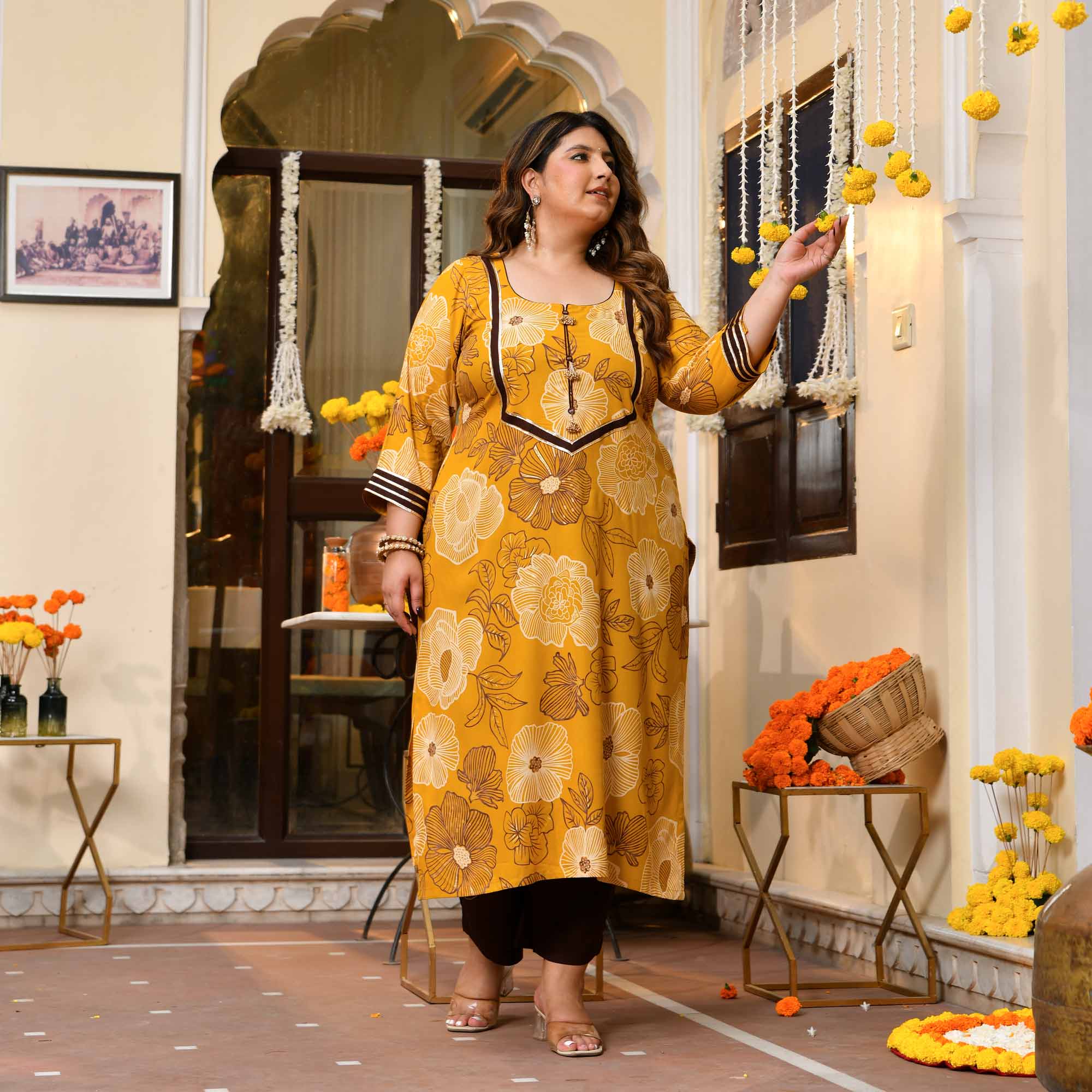 Dhoop- Yellow & Gold Floral Print Rayon Kurta