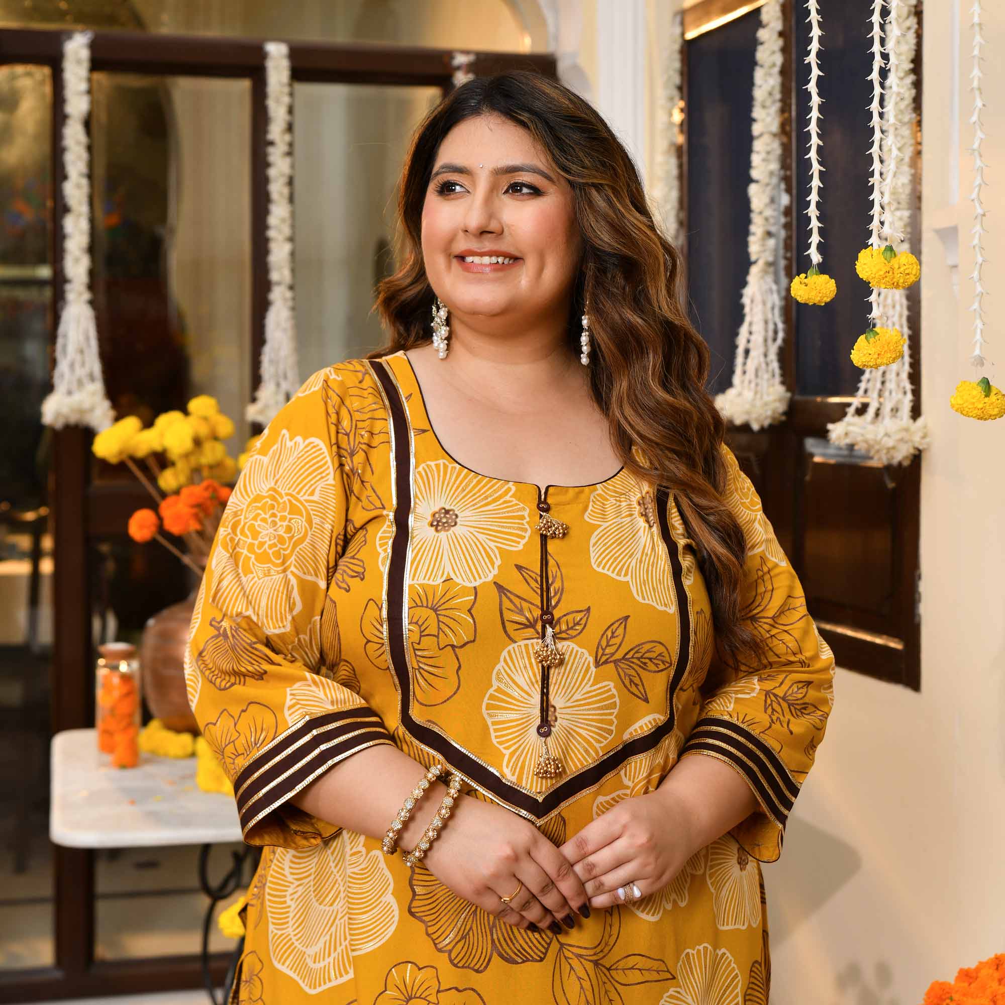 Dhoop- Yellow & Gold Floral Print Rayon Kurta