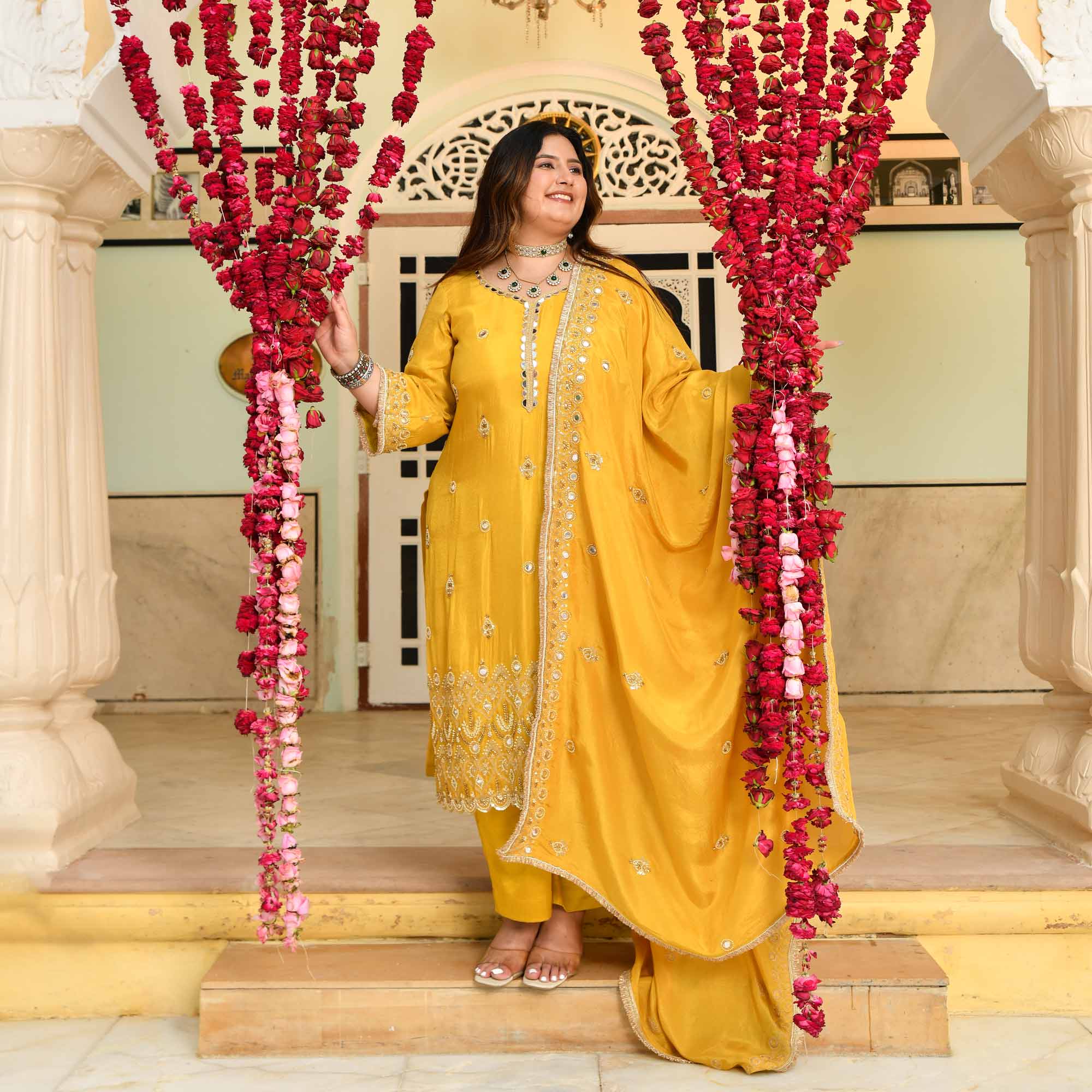 Heeriye- Yellow Mirror & Cutdana Embroidered Pure Tissue Silk Suit Set