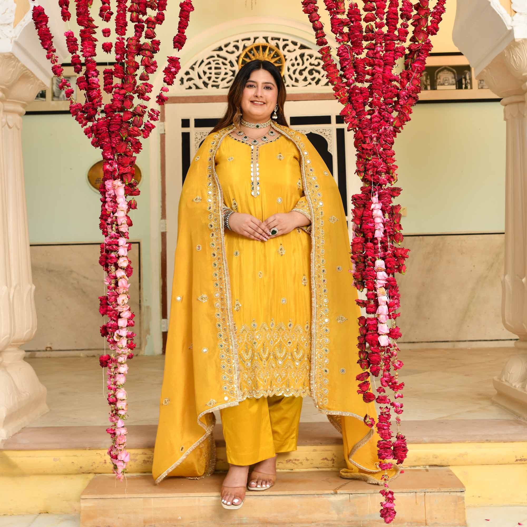 Heeriye- Yellow Mirror & Cutdana Embroidered Pure Tissue Silk Suit Set