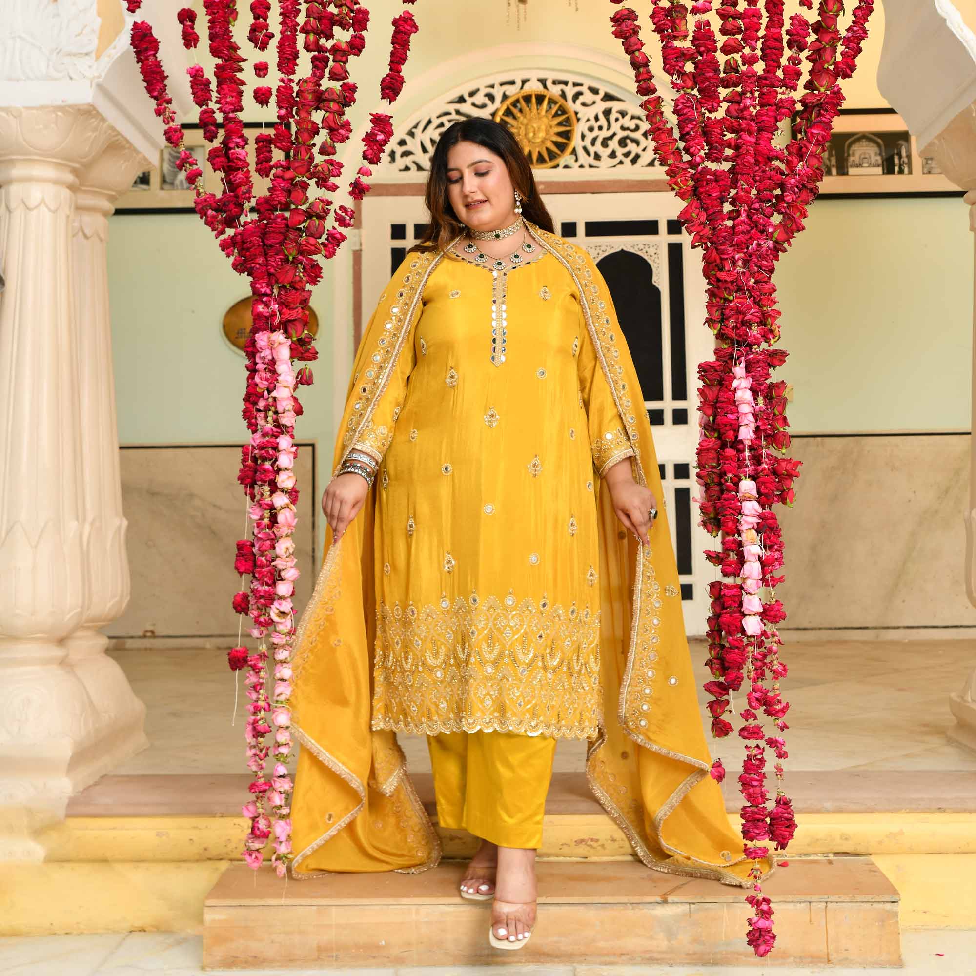 Heeriye- Yellow Mirror & Cutdana Embroidered Pure Tissue Silk Suit Set