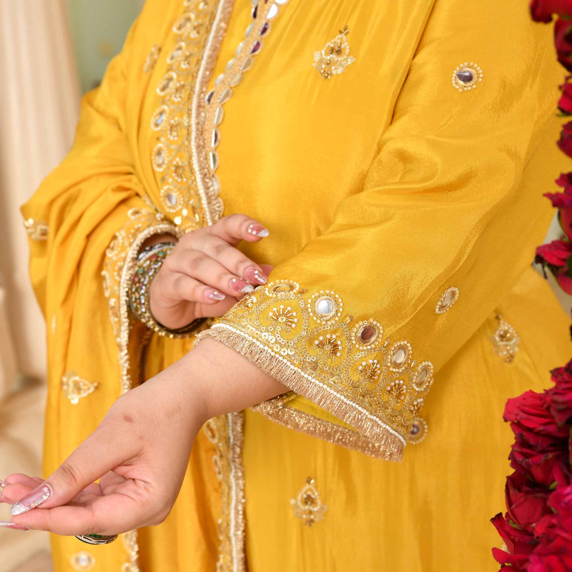 Heeriye- Yellow Mirror & Cutdana Embroidered Pure Tissue Silk Suit Set