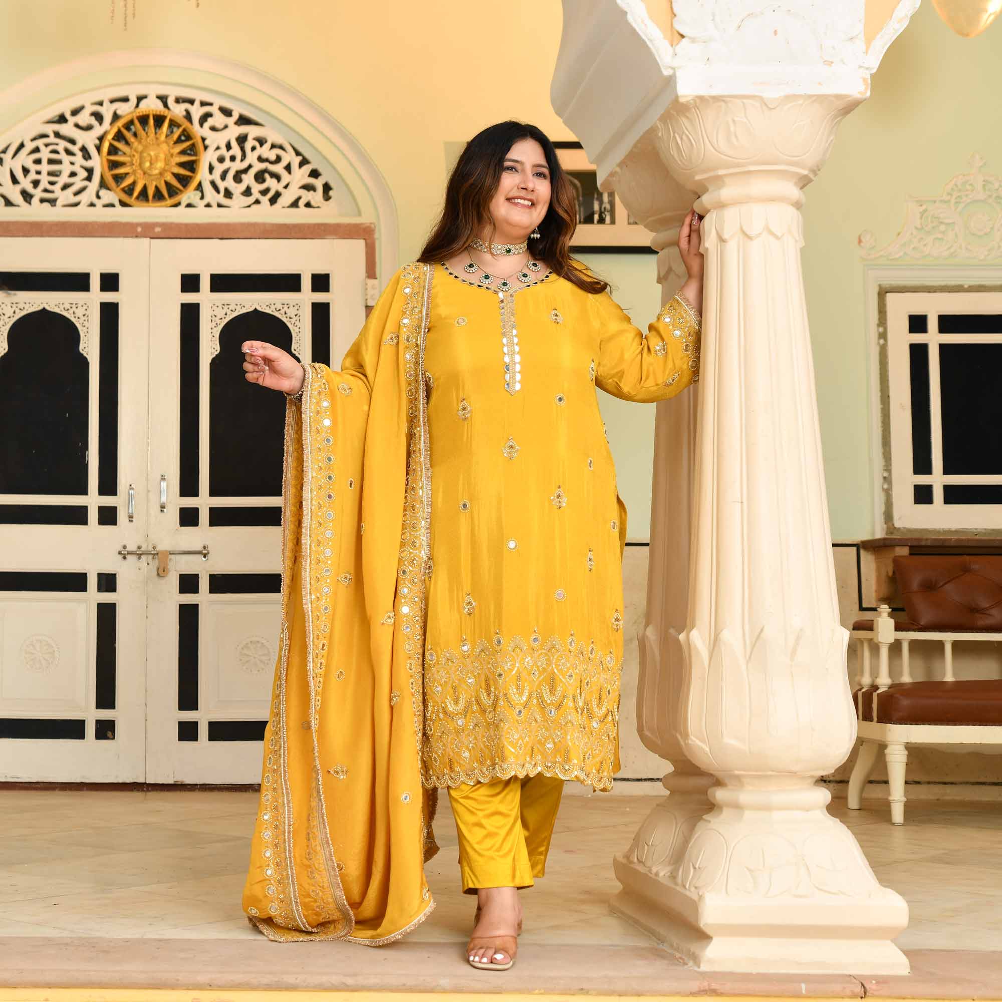 Heeriye- Yellow Mirror & Cutdana Embroidered Pure Tissue Silk Suit Set