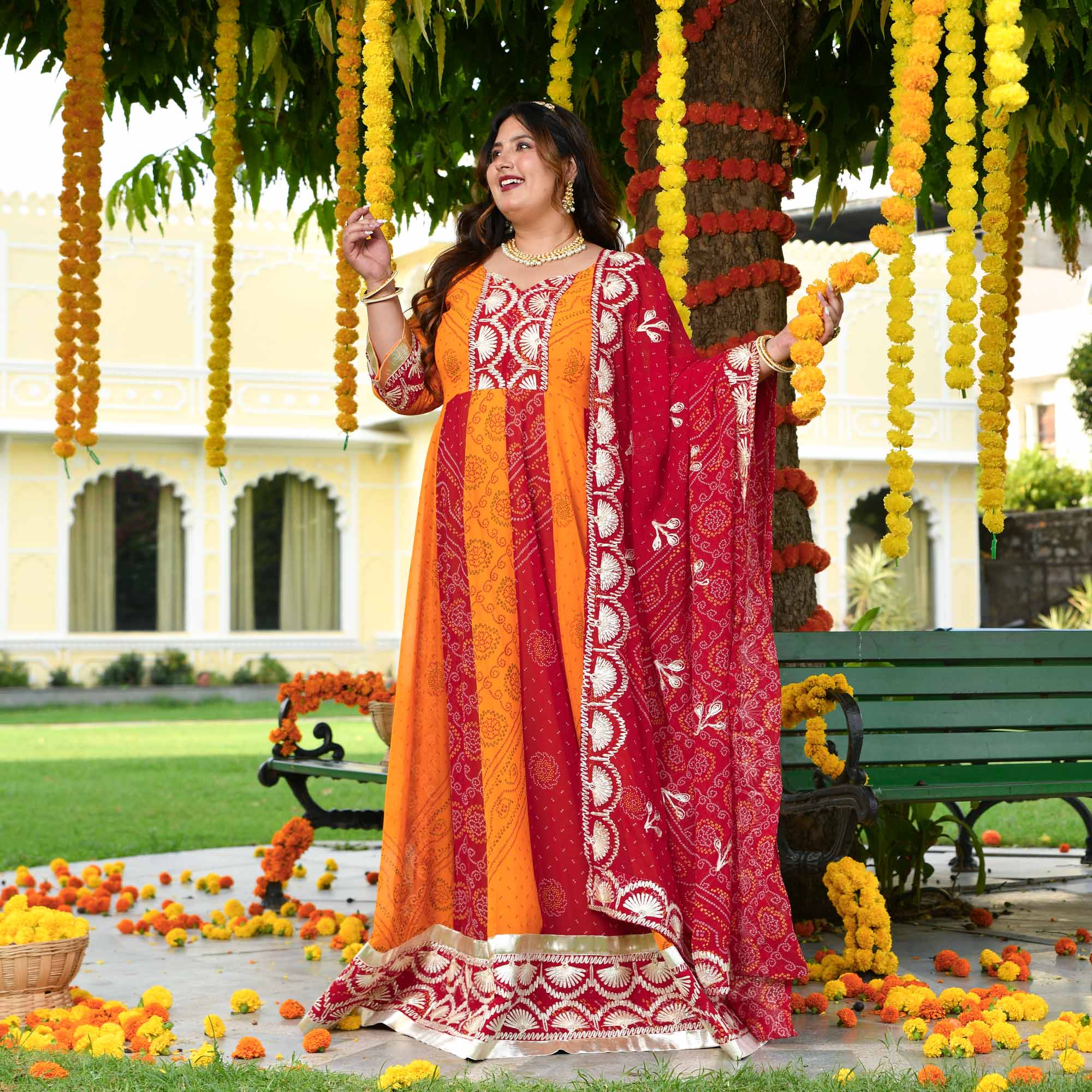 Rang Taal- Red & Mustard Bandhani Gota Georgette Anarkali Set