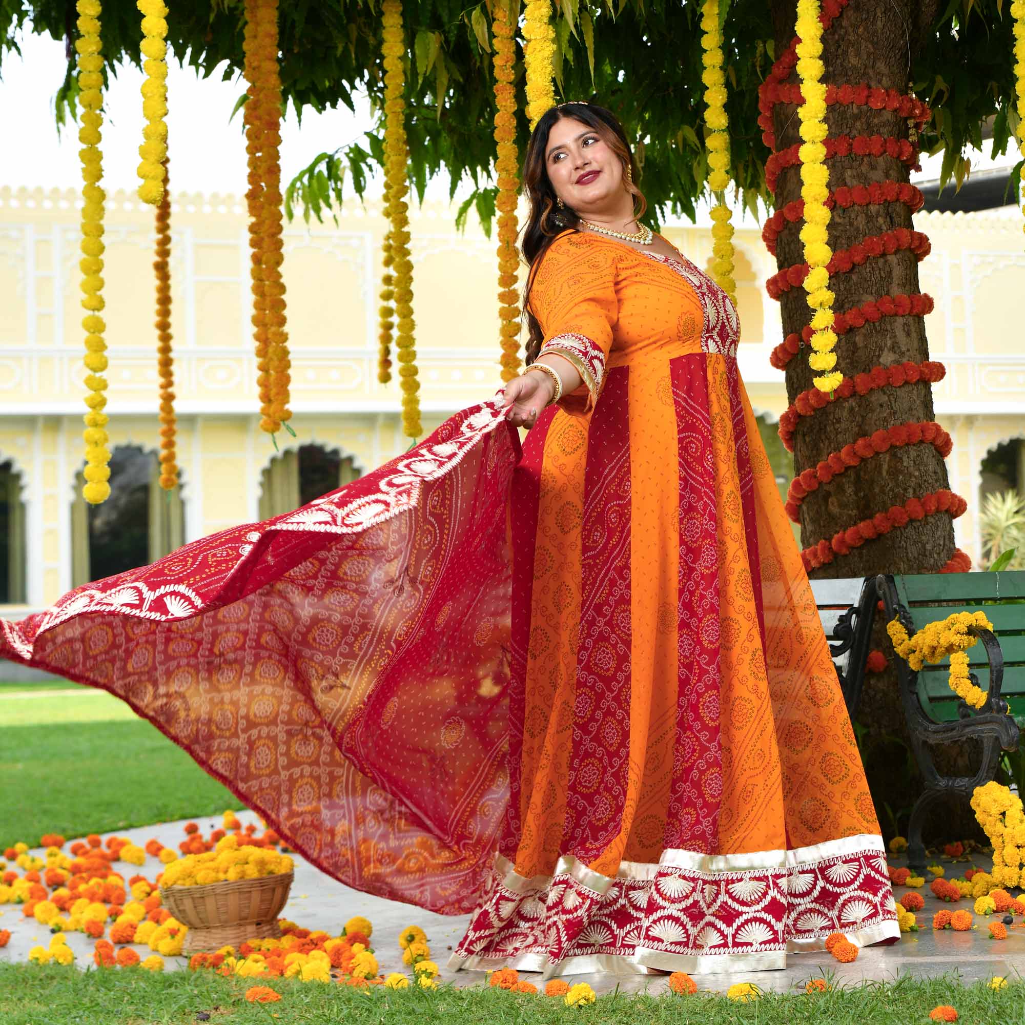 Rang Taal- Red & Mustard Bandhani Gota Georgette Anarkali Set