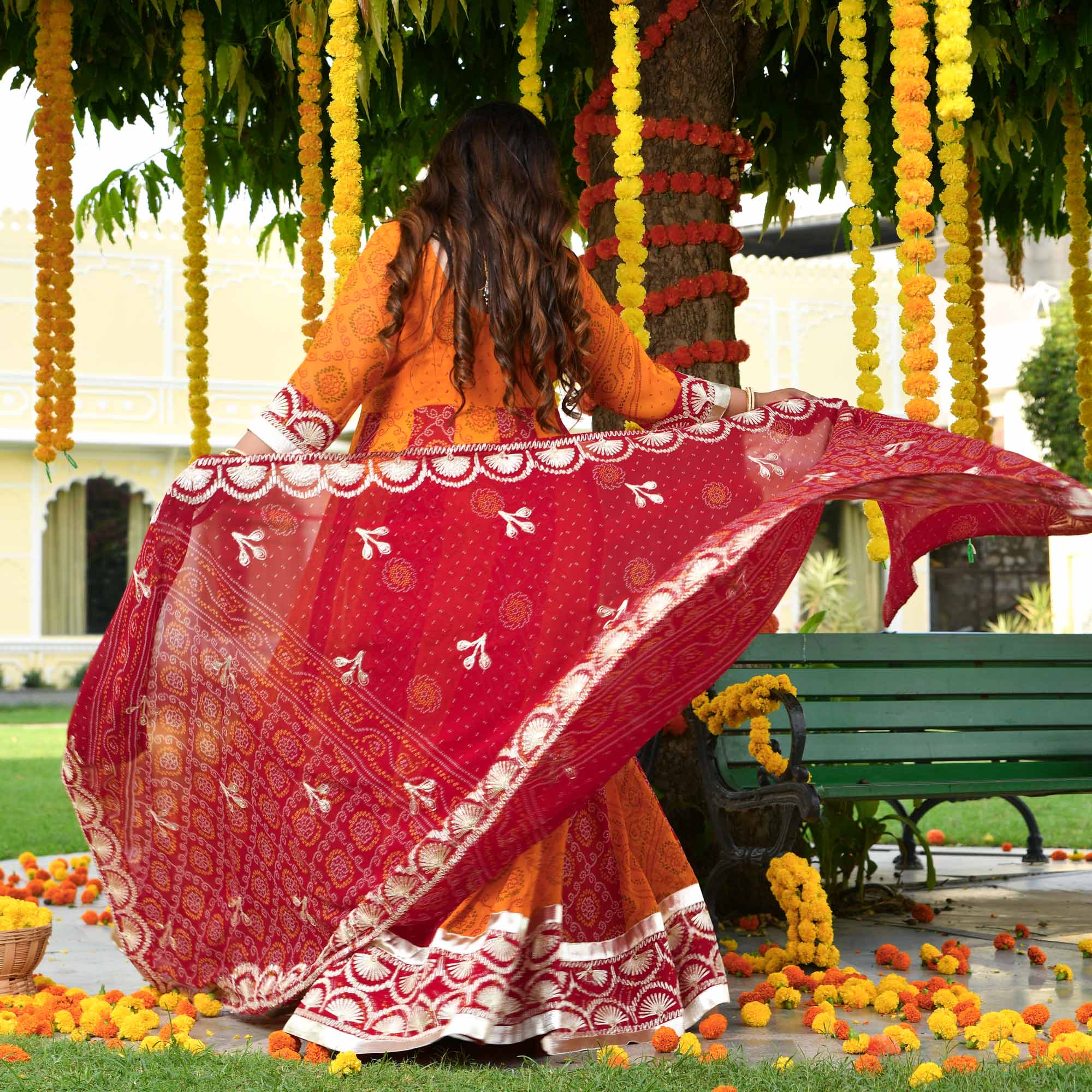 Rang Taal- Red & Mustard Bandhani Gota Georgette Anarkali Set