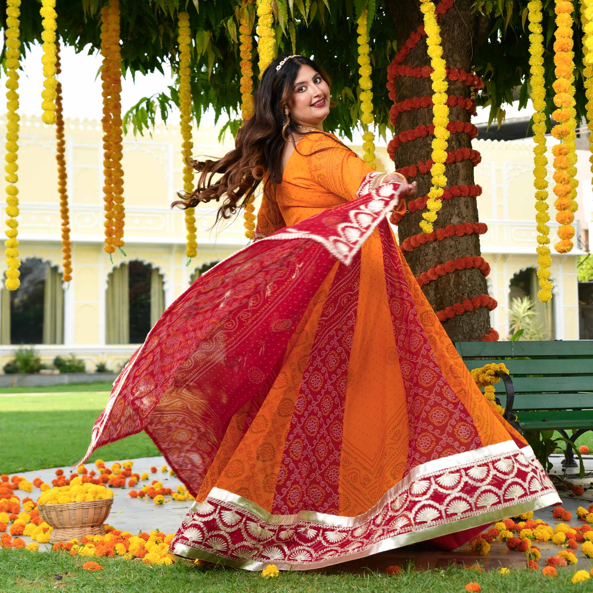 Rang Taal- Red & Mustard Bandhani Gota Georgette Anarkali Set