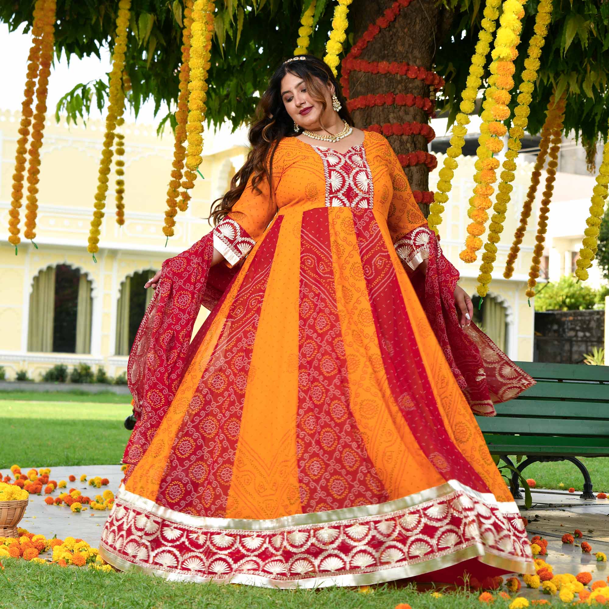 strapless open back dress Rang Taal Red & Mustard Bandhani Anarkali