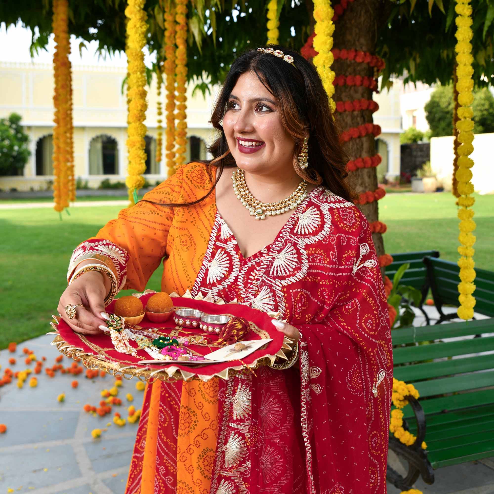 Rang Taal- Red & Mustard Bandhani Gota Georgette Anarkali Set