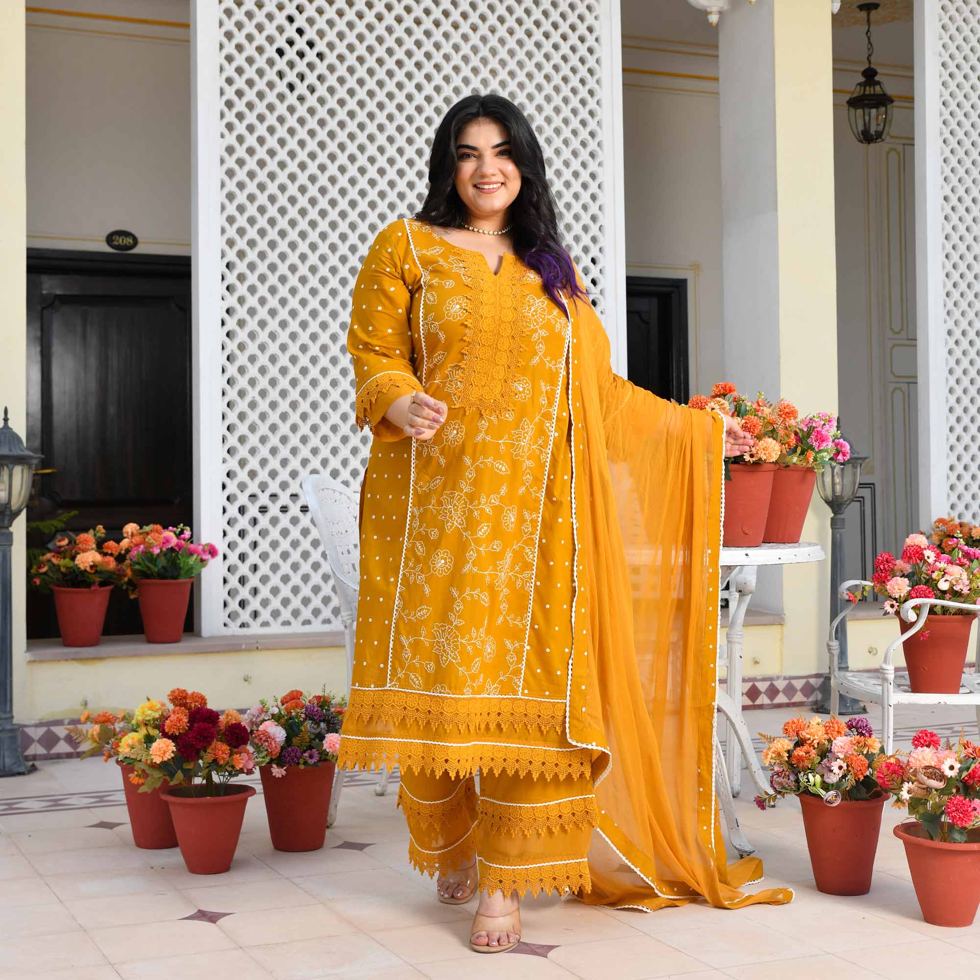 Swarnika- Mustard Yellow Pure Cotton Thread Embroidered Suit Set