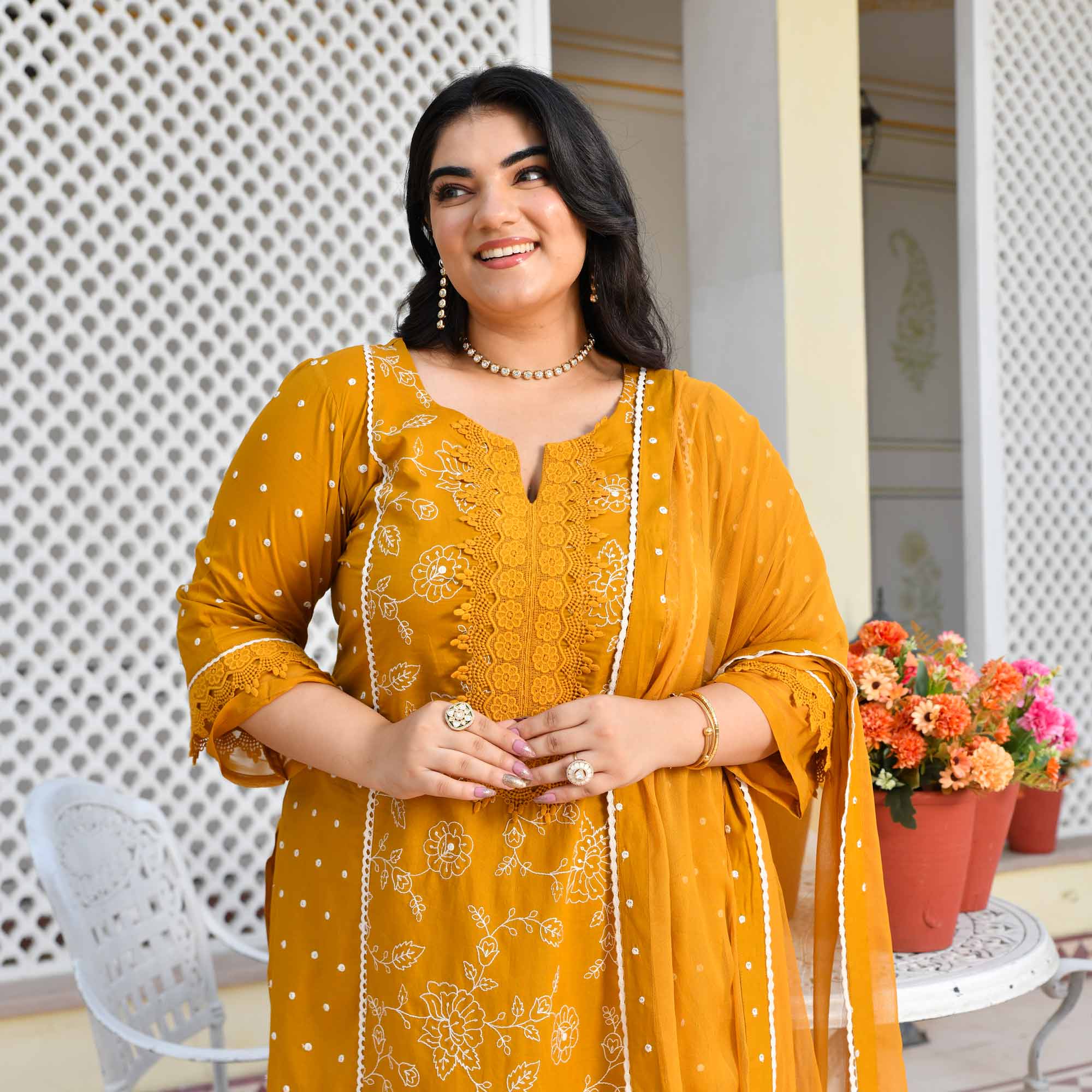 Swarnika- Mustard Yellow Pure Cotton Thread Embroidered Suit Set