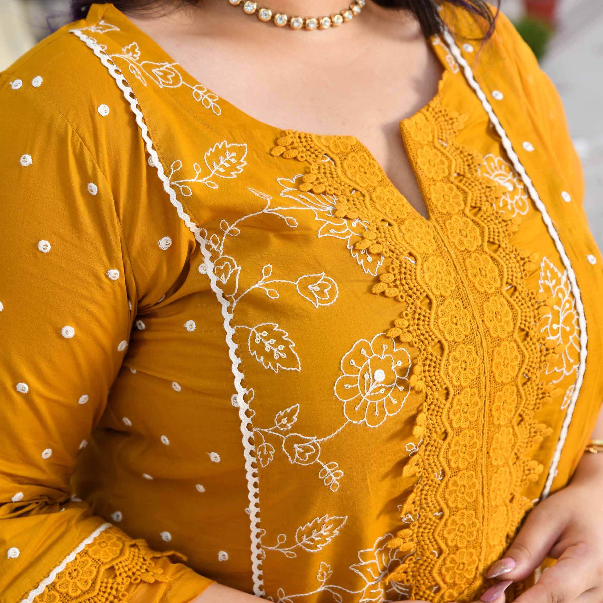 Swarnika- Mustard Yellow Pure Cotton Thread Embroidered Suit Set