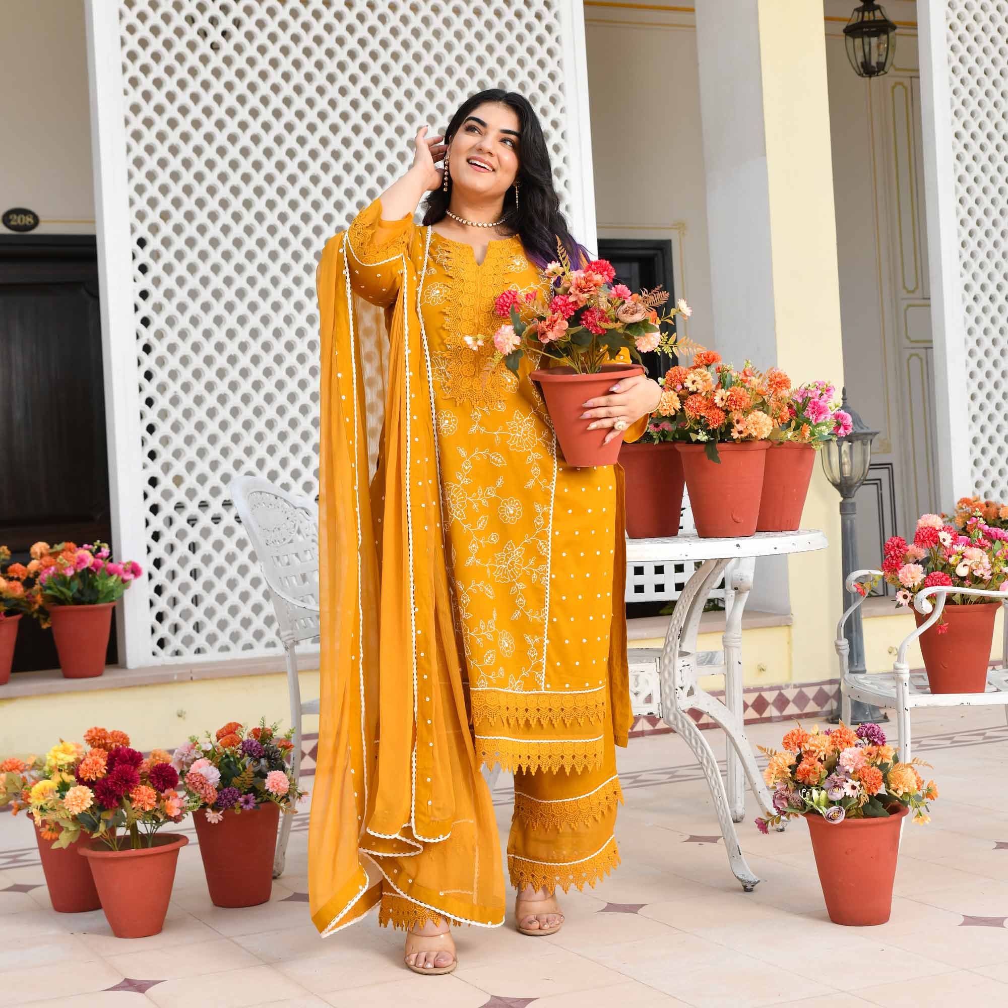 Swarnika- Mustard Yellow Pure Cotton Thread Embroidered Suit Set