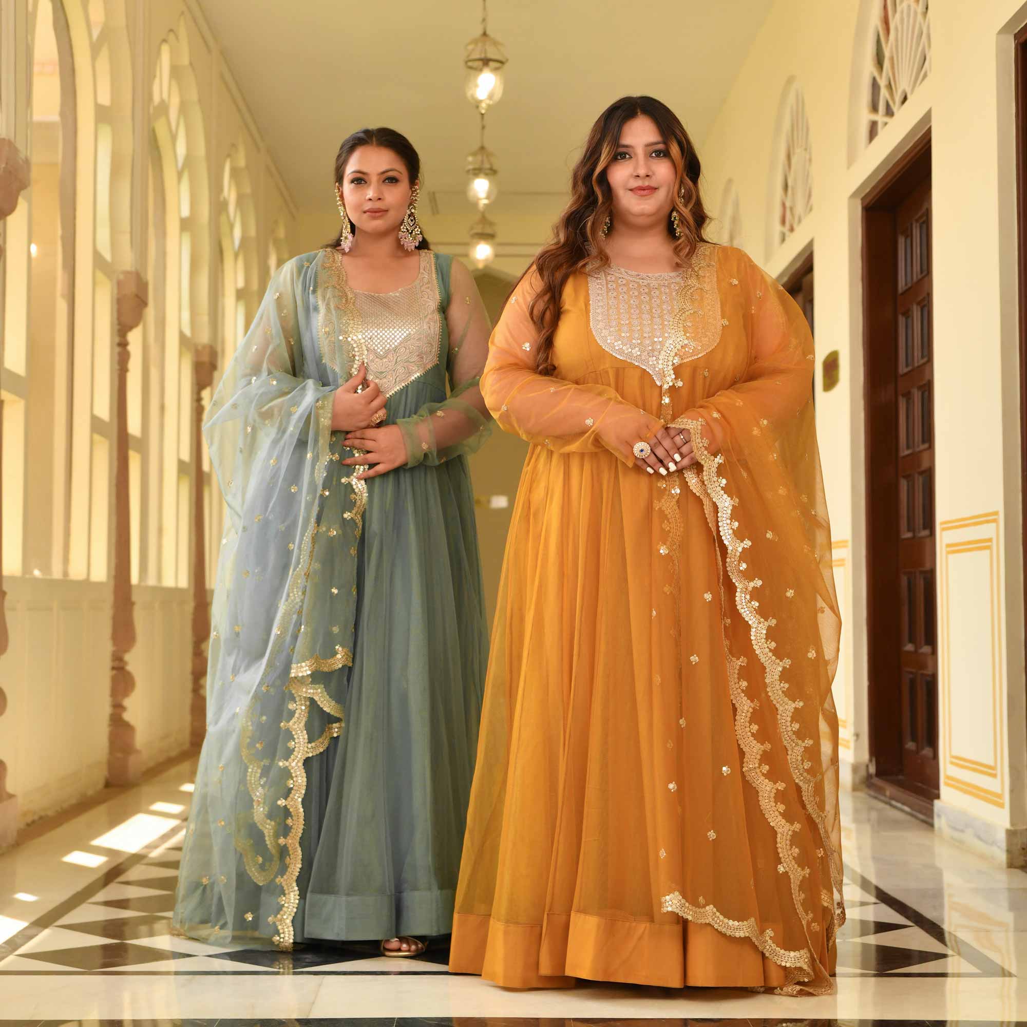 Gold Mesh Glam Tissue Net Anarkali Set