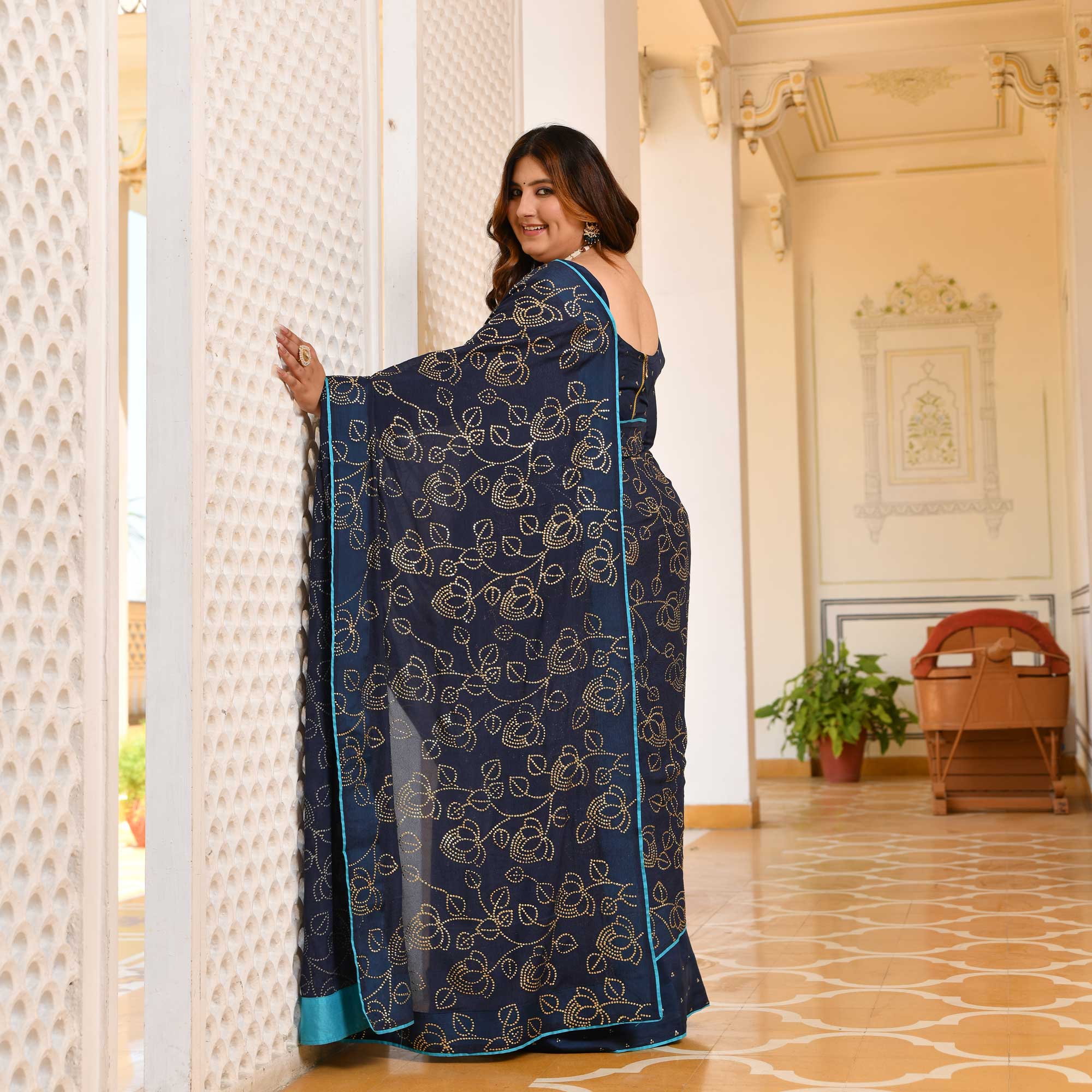 Neel Ratan- Navy Blue & Gold Embroidered Pre-drape Saree Set