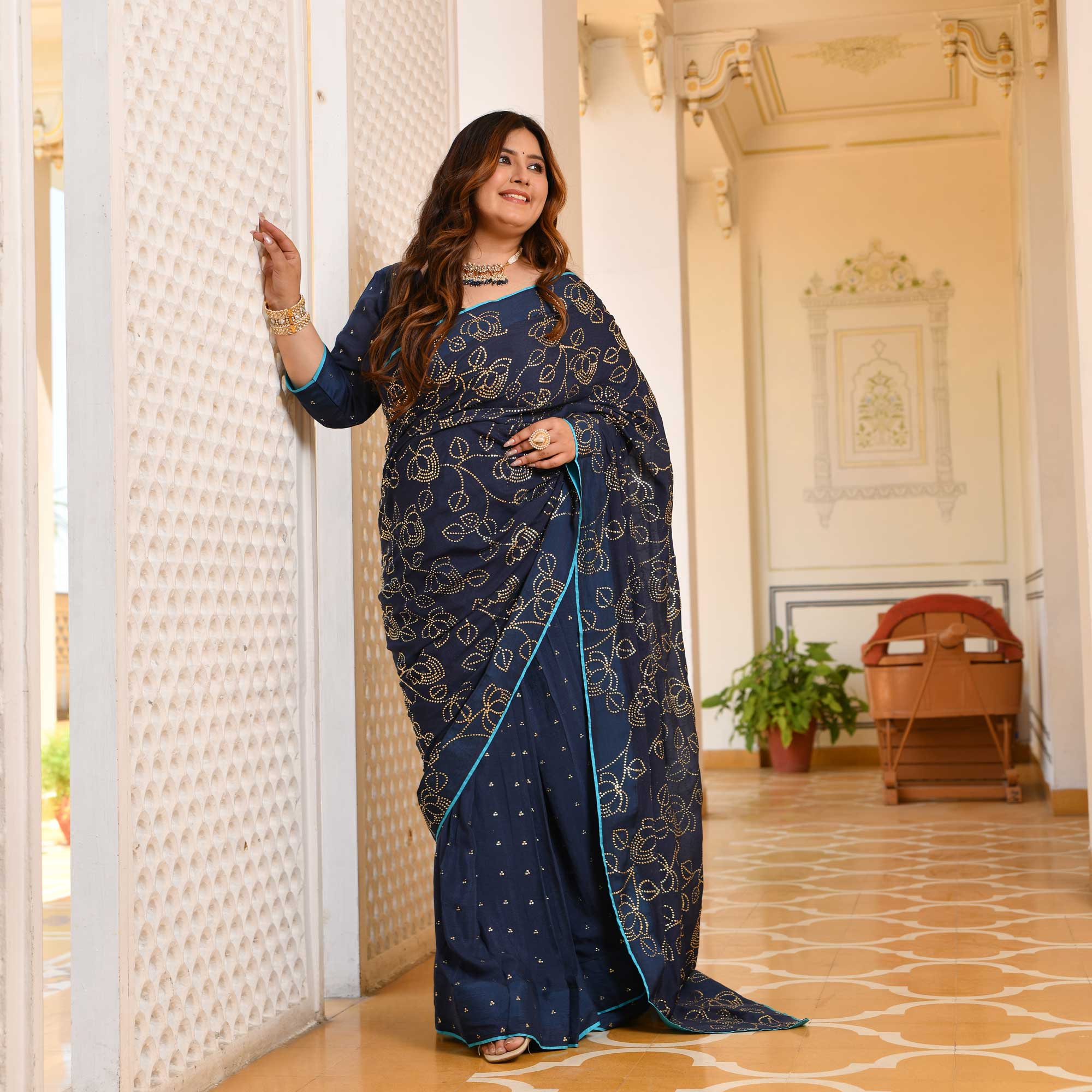 Neel Ratan- Navy Blue & Gold Embroidered Pre-drape Saree Set
