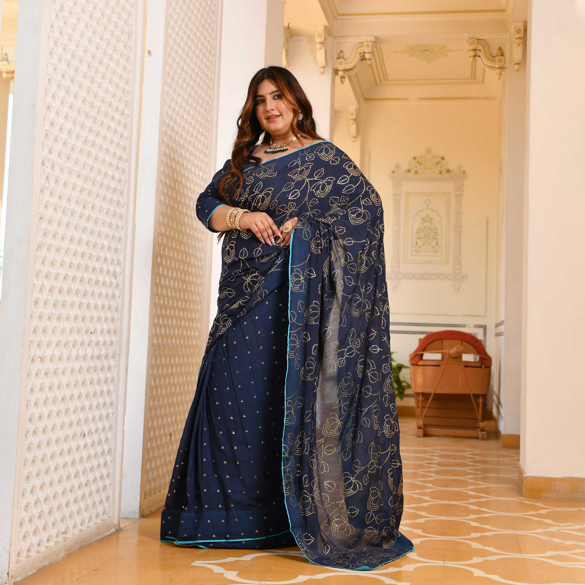Neel Ratan- Navy Blue & Gold Embroidered Pre-drape Saree Set