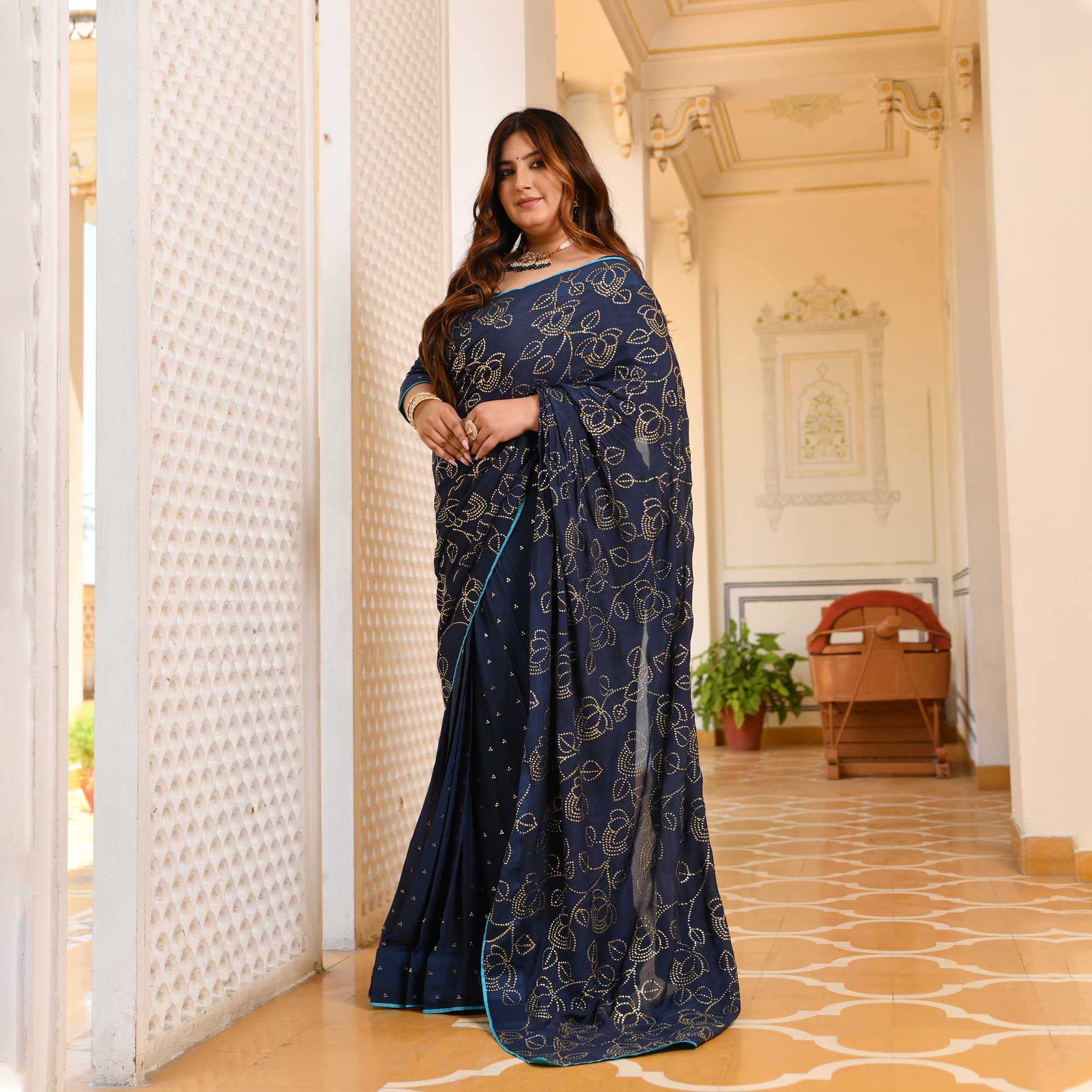 Neel Ratan- Navy Blue & Gold Embroidered Pre-drape Saree Set