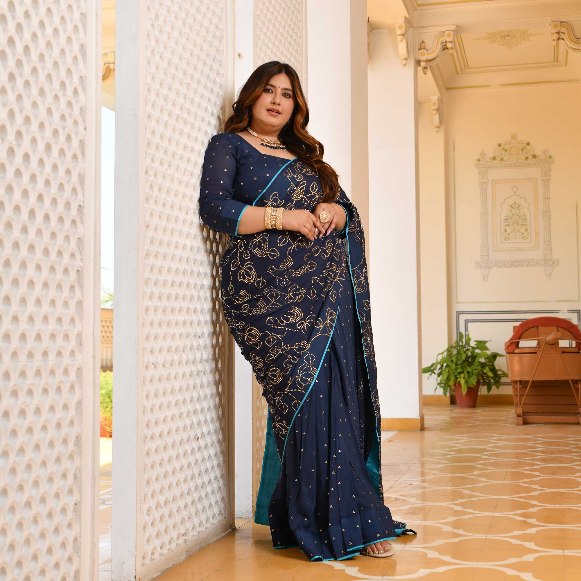 Neel Ratan- Navy Blue & Gold Embroidered Pre-drape Saree Set