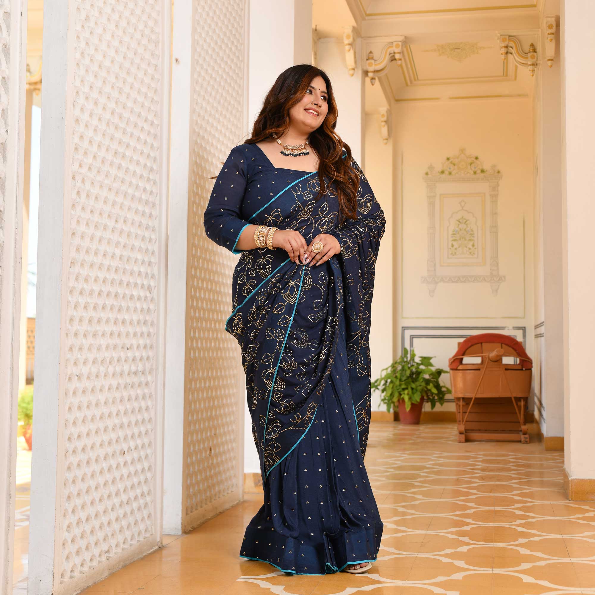 Neel Ratan- Navy Blue & Gold Embroidered Pre-drape Saree Set
