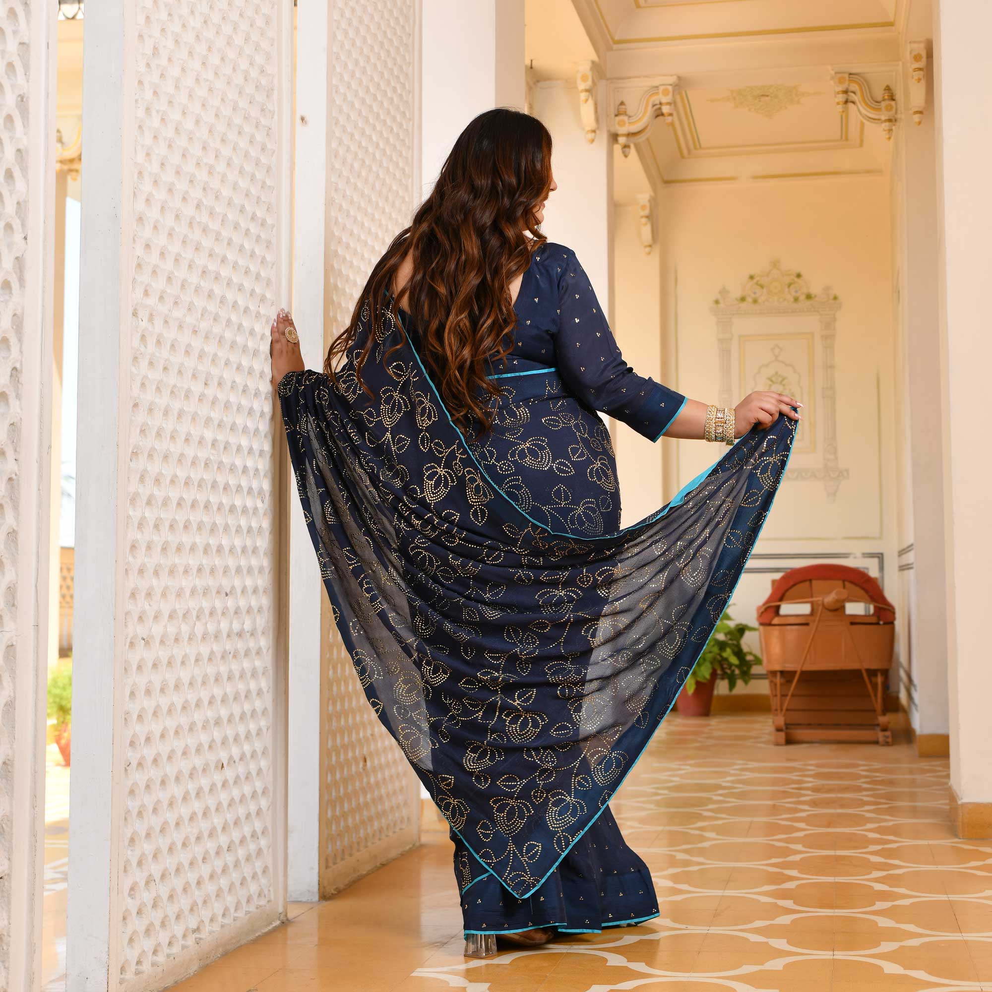 Neel Ratan- Navy Blue & Gold Embroidered Pre-drape Saree Set