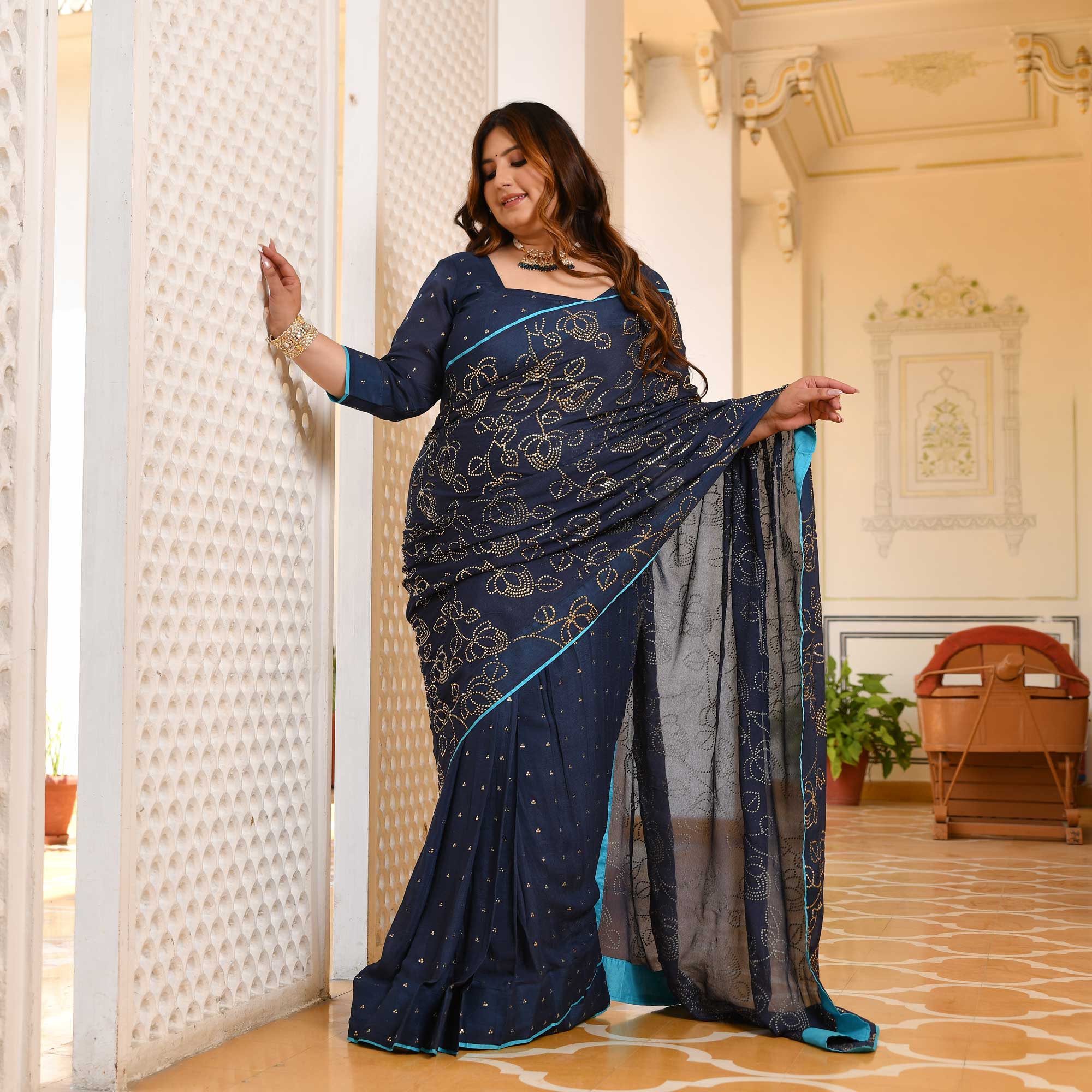 Neel Ratan- Navy Blue & Gold Embroidered Pre-drape Saree Set