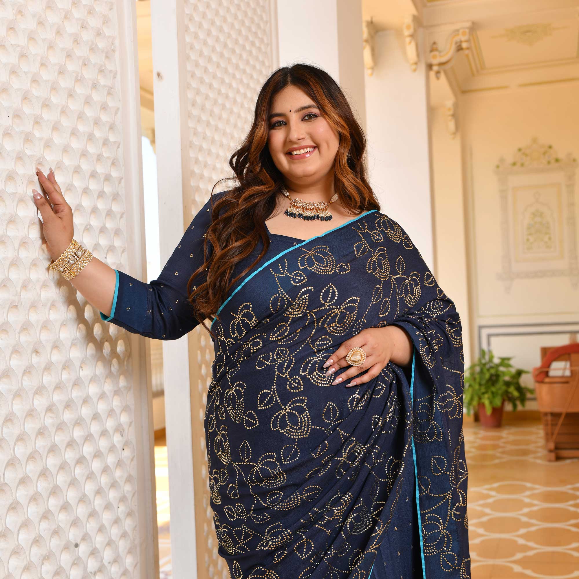 Neel Ratan- Navy Blue & Gold Embroidered Pre-drape Saree Set