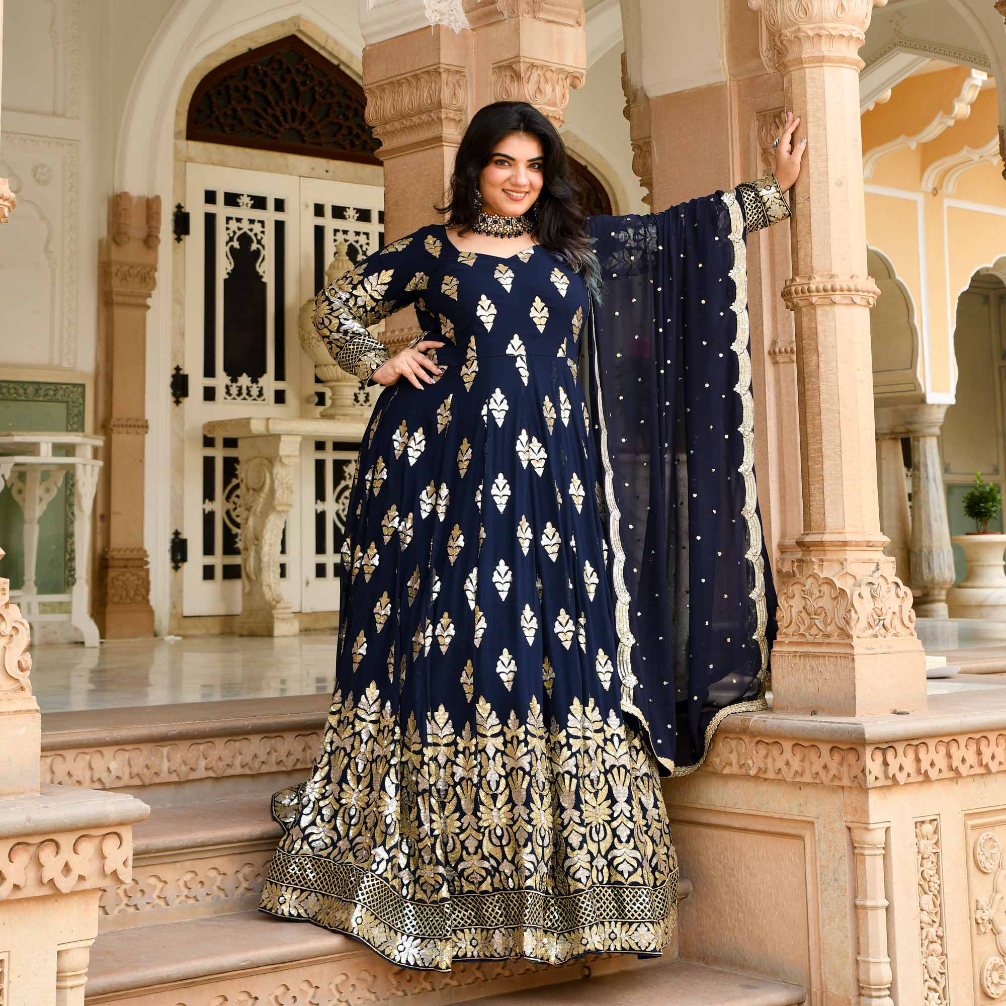 Heera Mahal Navy Blue Sequin Emboridered Plus Size Anarkali | Meera's Heera Mahal Navy Blue Sequin Emboridered Plus Size Anarkali | Meera's