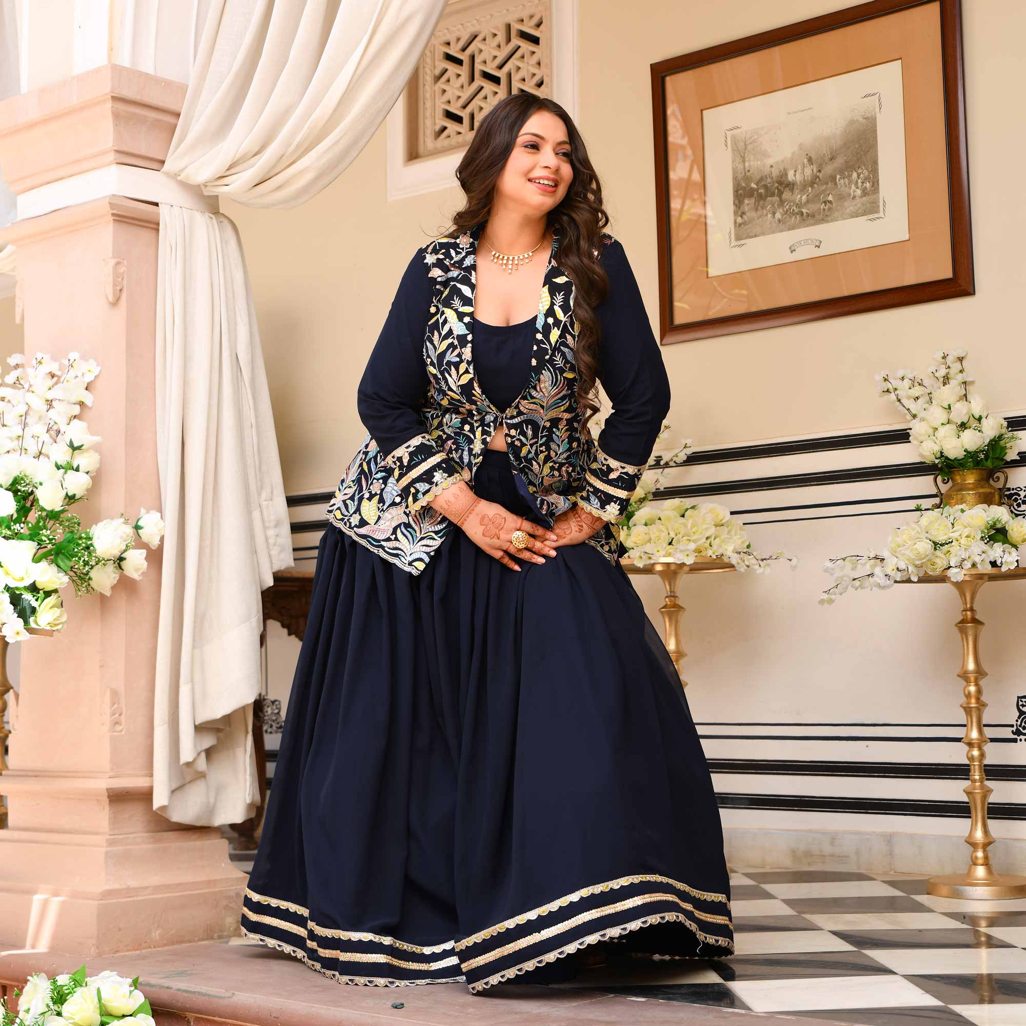 Jennifer- Navy Blue Georgette Thread Embroidered Blazer Lehenga Set