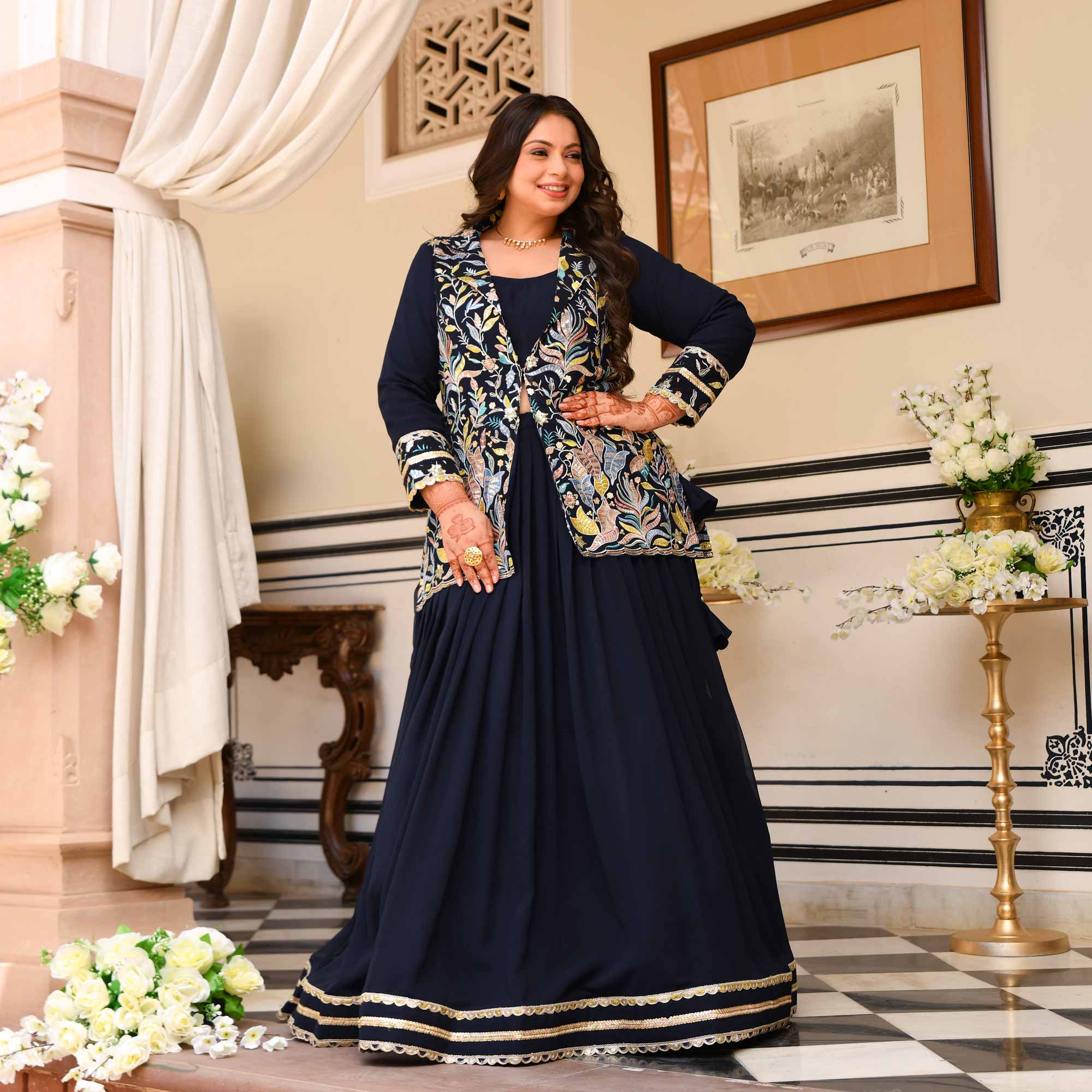 Jennifer- Navy Blue Georgette Thread Embroidered Blazer Lehenga Set