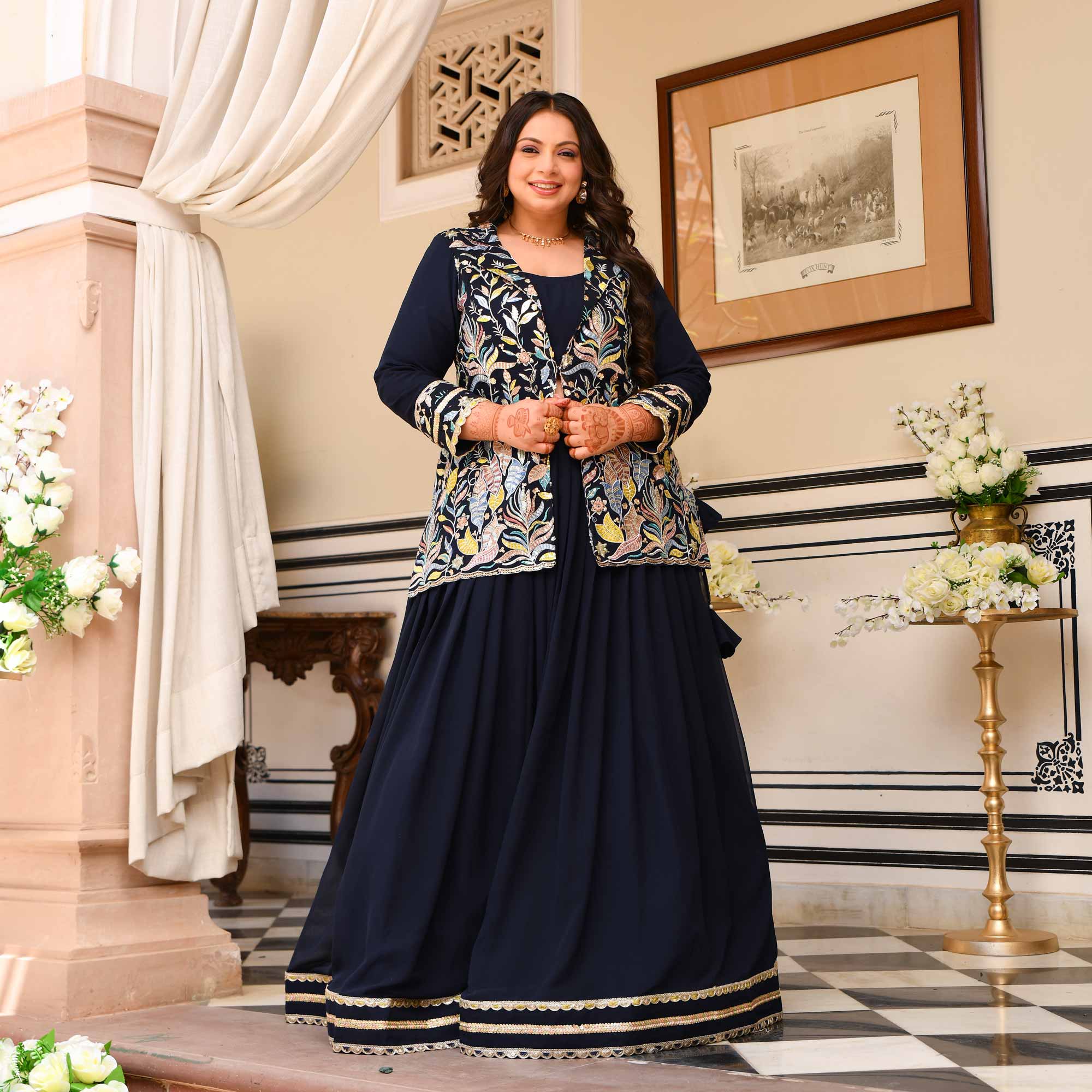 Jennifer- Navy Blue Georgette Thread Embroidered Blazer Lehenga Set