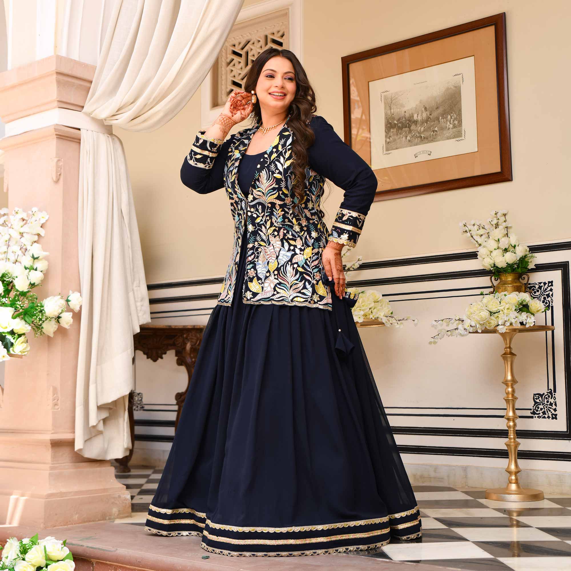 Jennifer- Navy Blue Georgette Thread Embroidered Blazer Lehenga Set