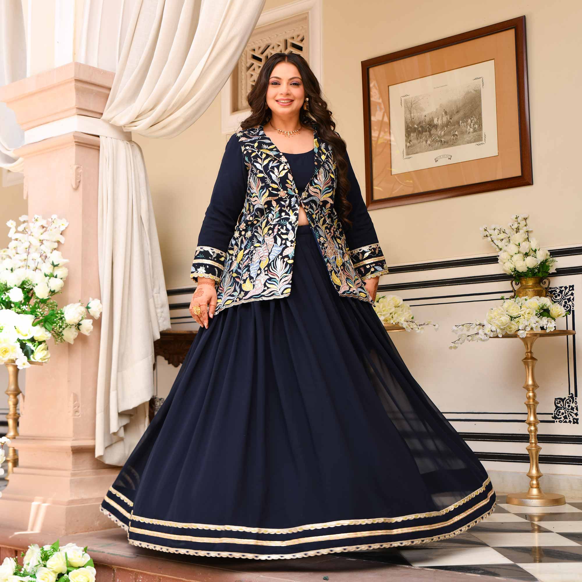 Jennifer- Navy Blue Georgette Thread Embroidered Blazer Lehenga Set