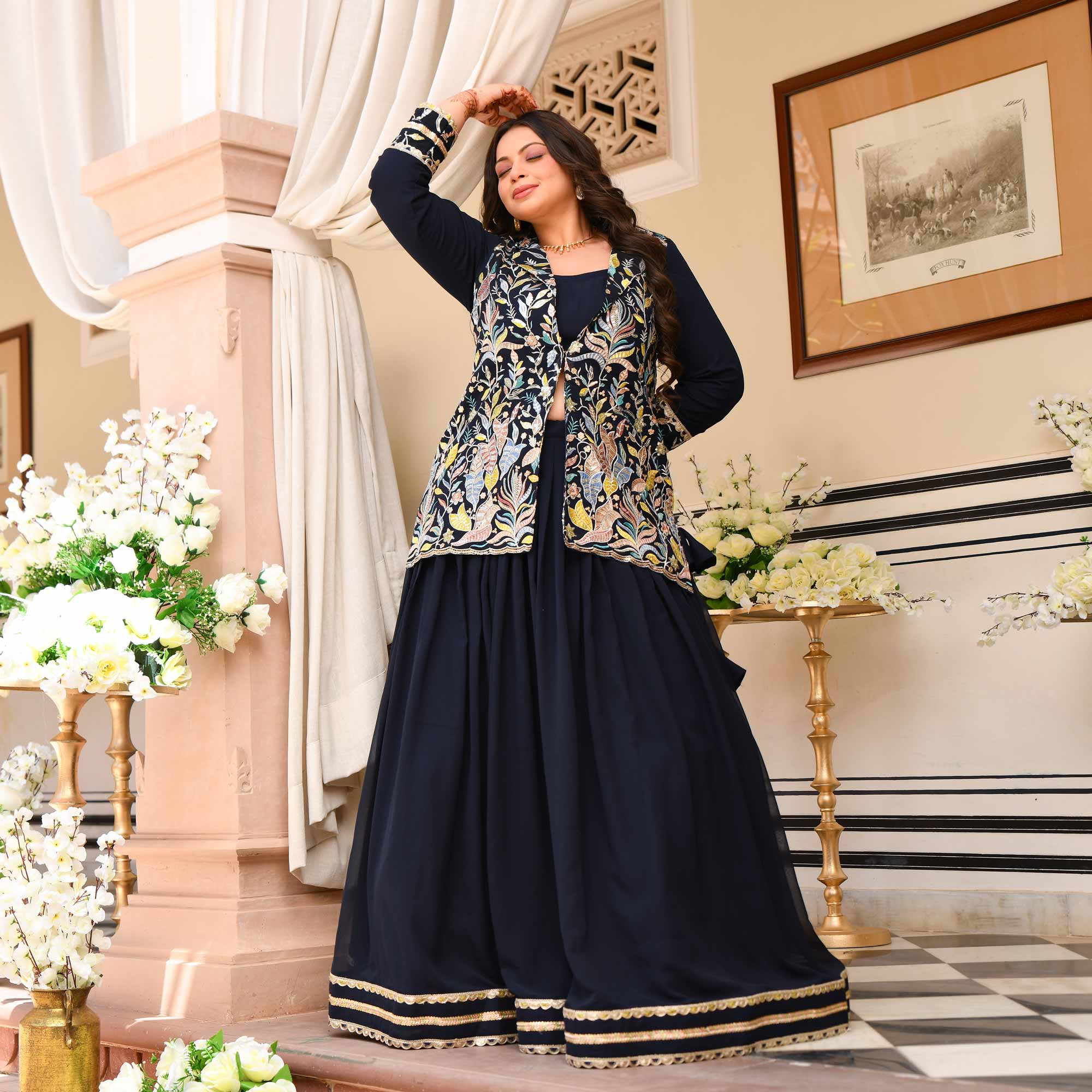 Jennifer- Navy Blue Georgette Thread Embroidered Blazer Lehenga Set