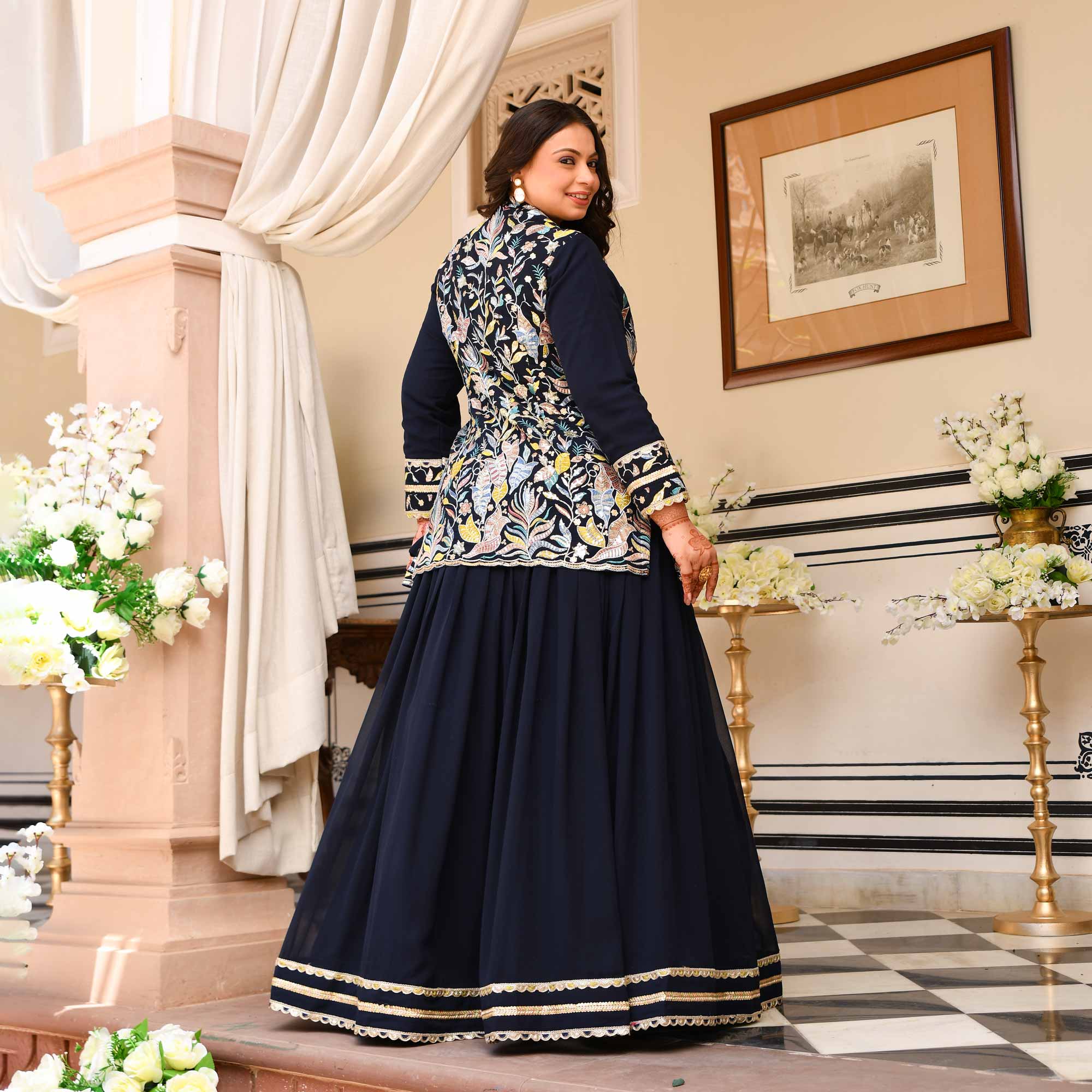 Jennifer- Navy Blue Georgette Thread Embroidered Blazer Lehenga Set