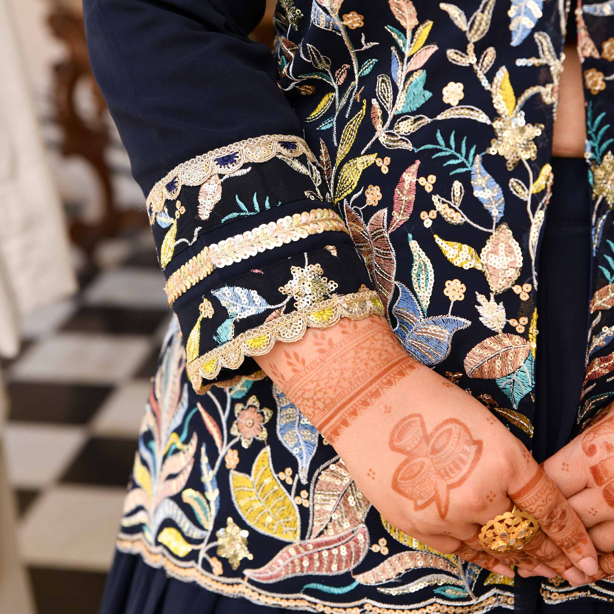 Jennifer- Navy Blue Georgette Thread Embroidered Blazer Lehenga Set