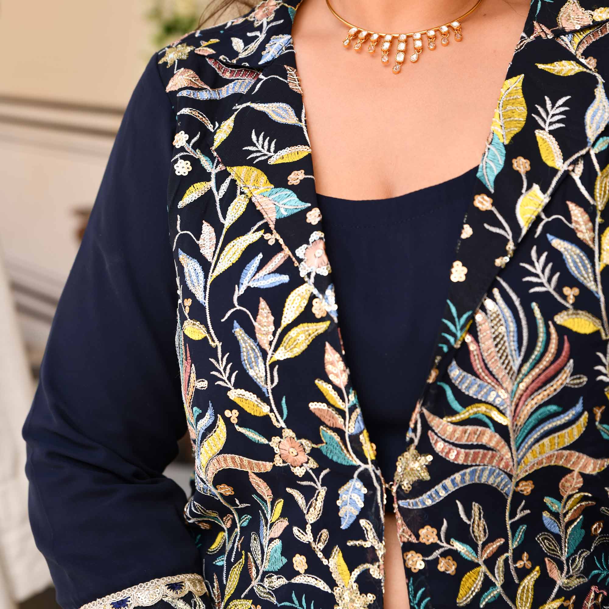 Jennifer- Navy Blue Georgette Thread Embroidered Blazer Lehenga Set