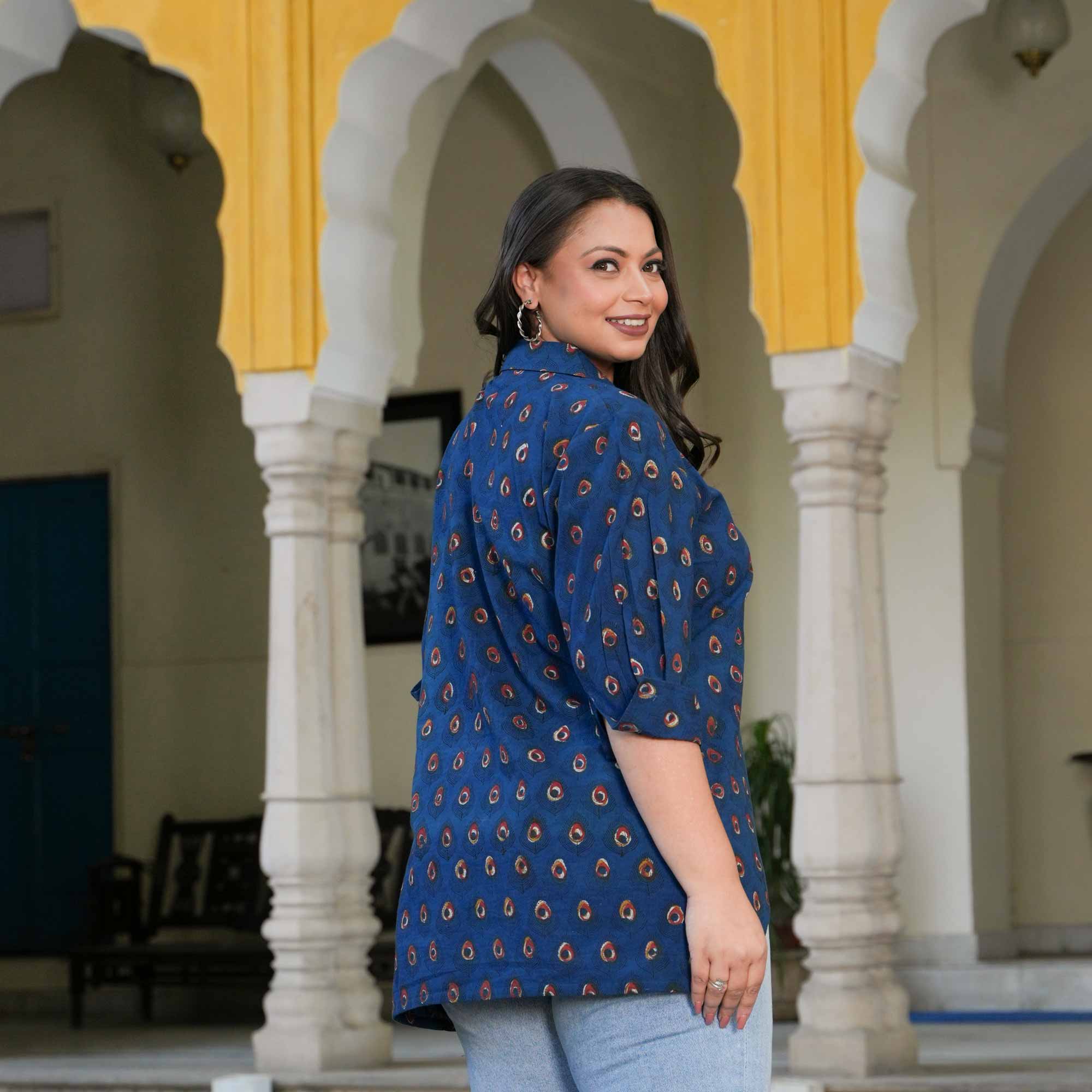 Indigo Peacock Handblock Printed Assymetrical Cotton Shirt