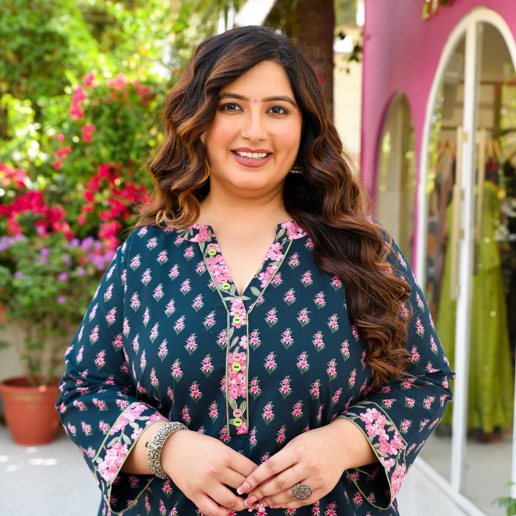 Edna- Dark Blue & Pink Floral Printed Pure Cotton Kurta