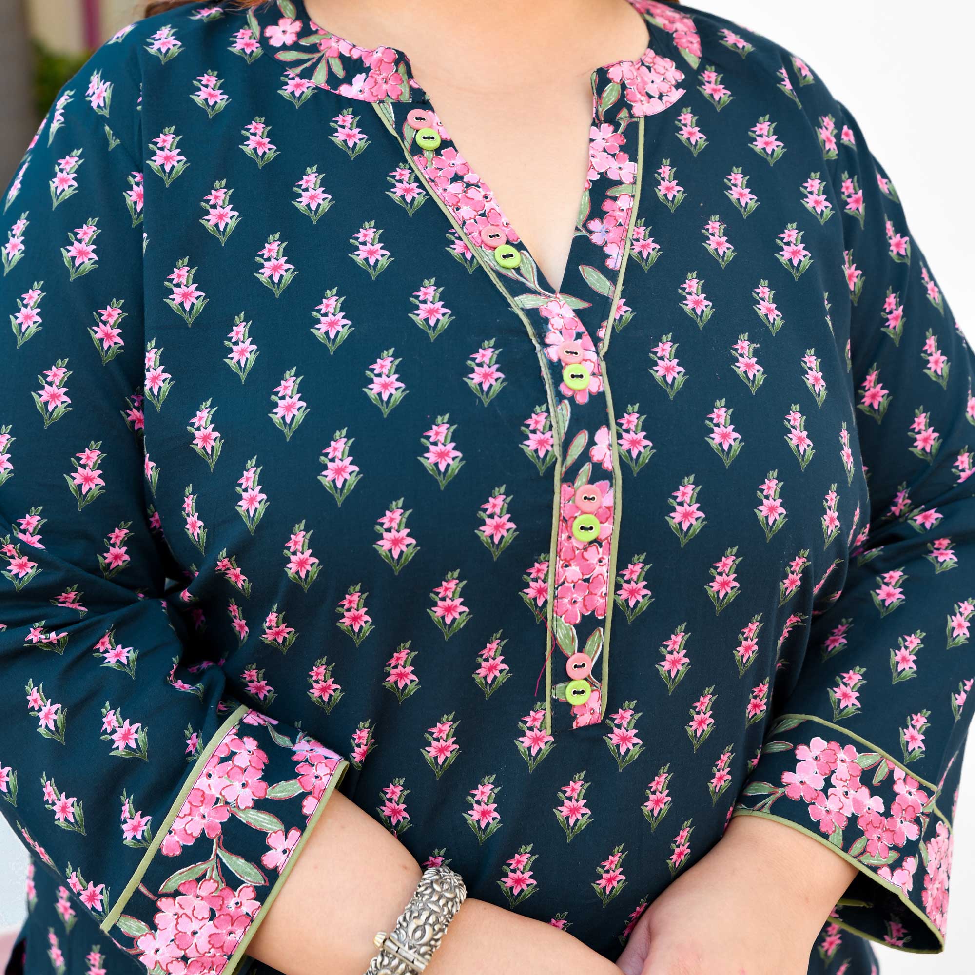 Edna- Dark Blue & Pink Floral Printed Pure Cotton Kurta