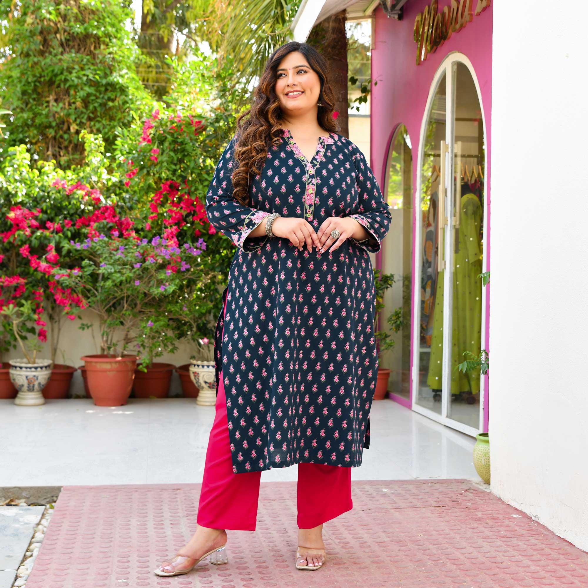 Edna- Dark Blue & Pink Floral Printed Pure Cotton Kurta