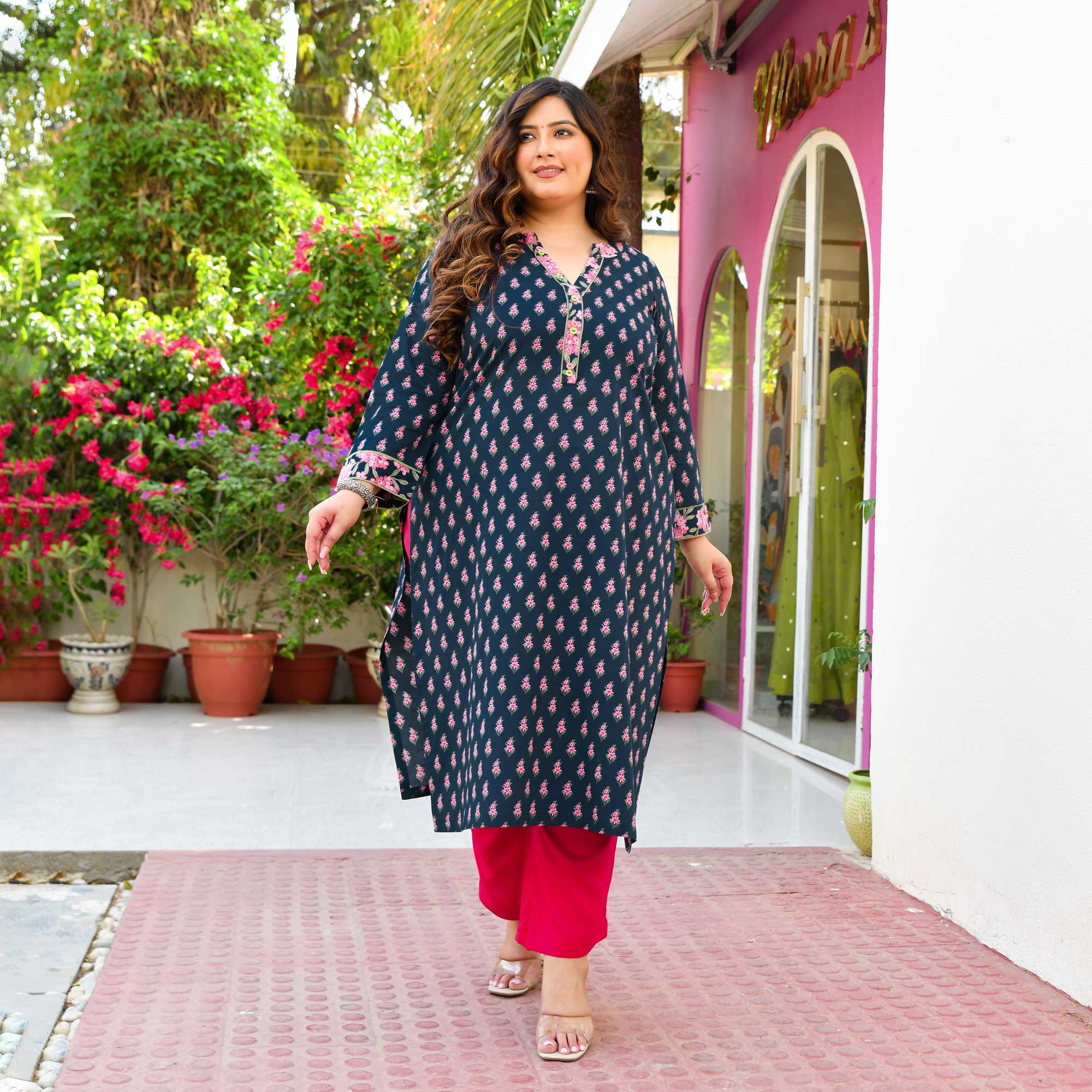 Edna- Dark Blue & Pink Floral Printed Pure Cotton Kurta