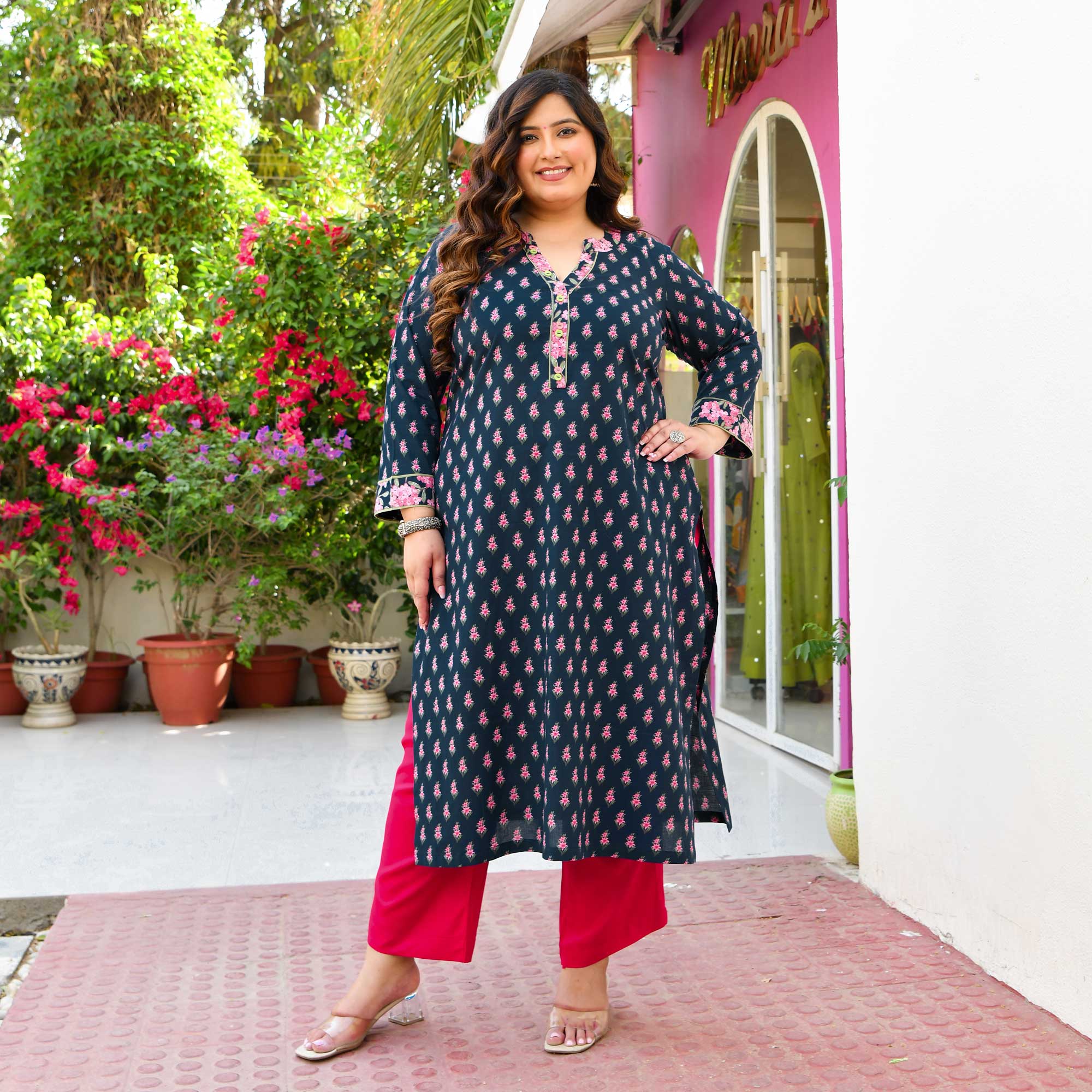 Edna- Dark Blue & Pink Floral Printed Pure Cotton Kurta